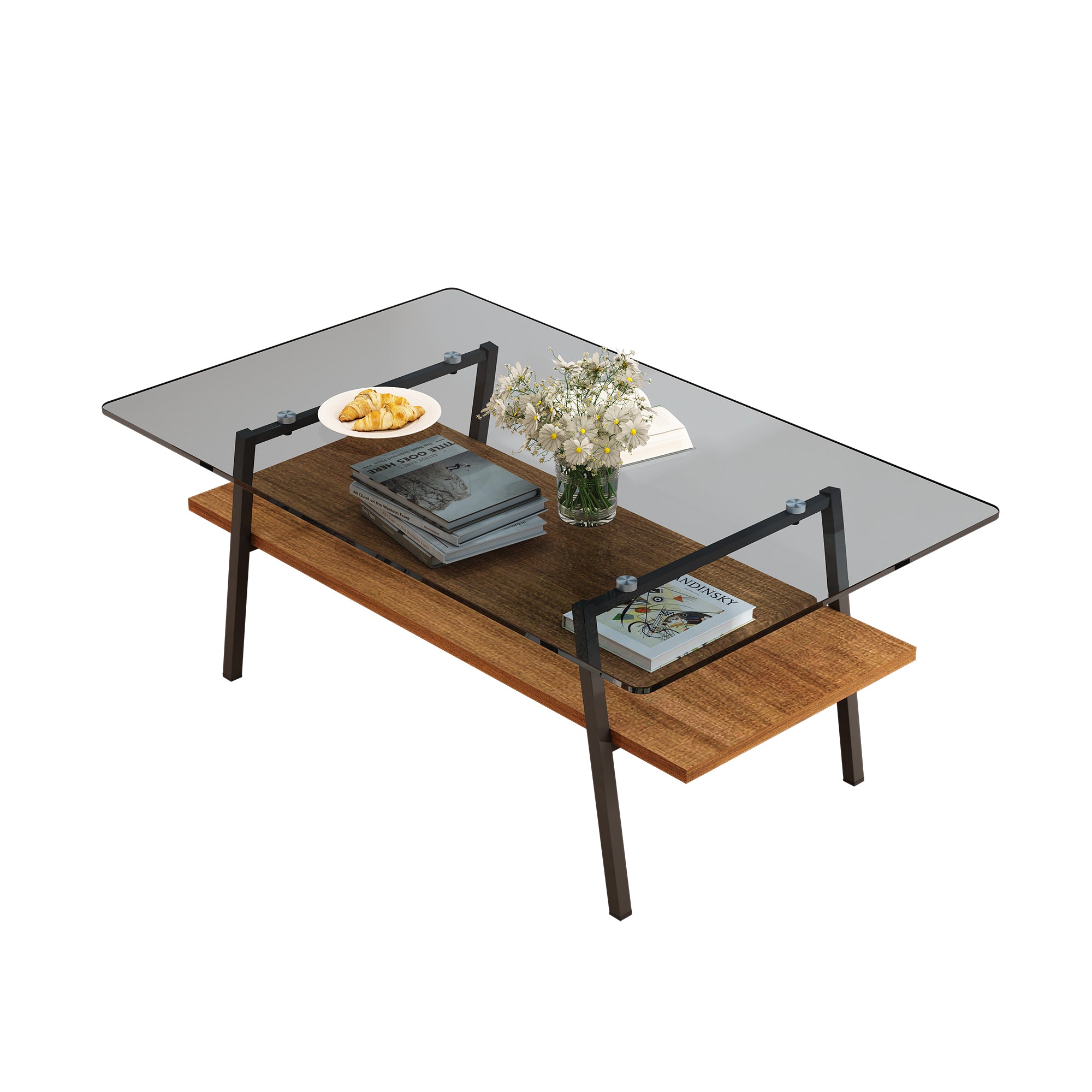 Pefelife Rectangle Coffee Table, Gray Tempered Glass Tabletop with Black Metal Legs