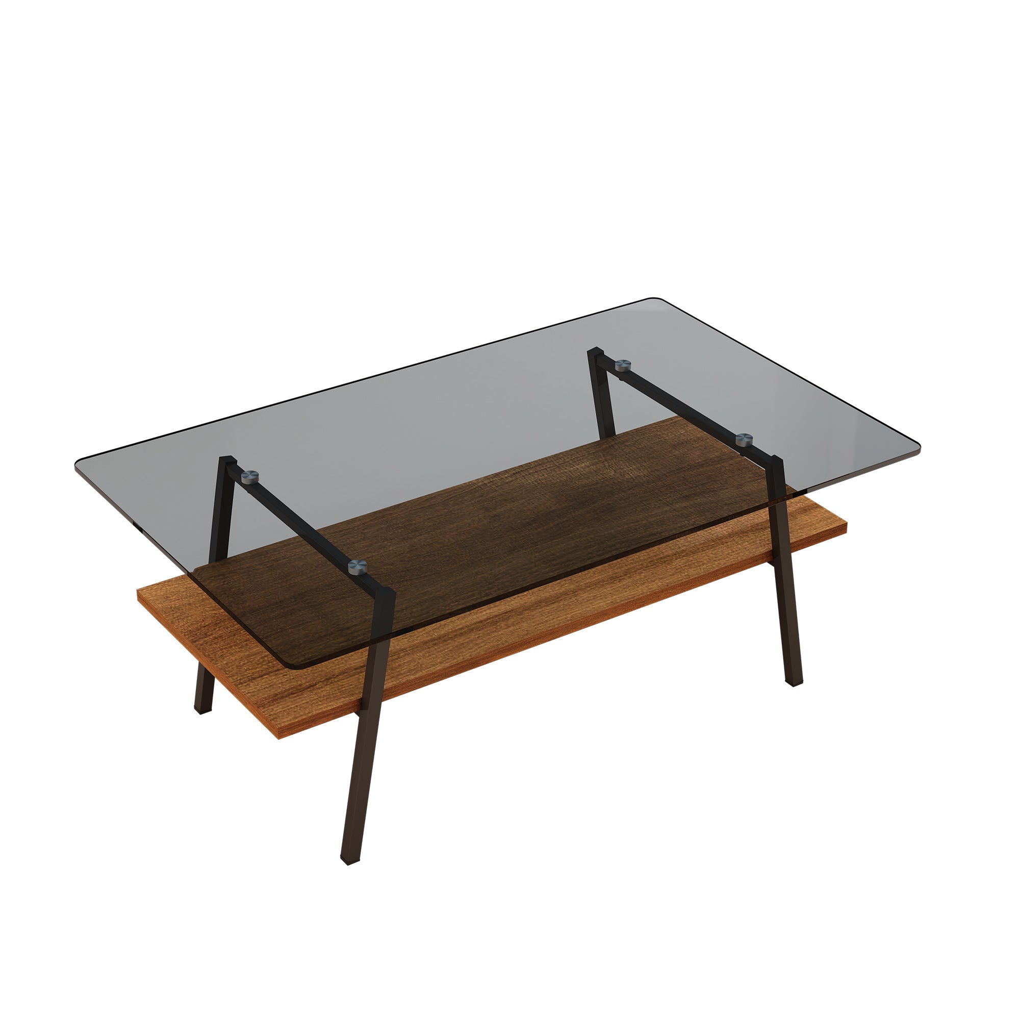 Pefelife Rectangle Coffee Table, Gray Tempered Glass Tabletop with Black Metal Legs