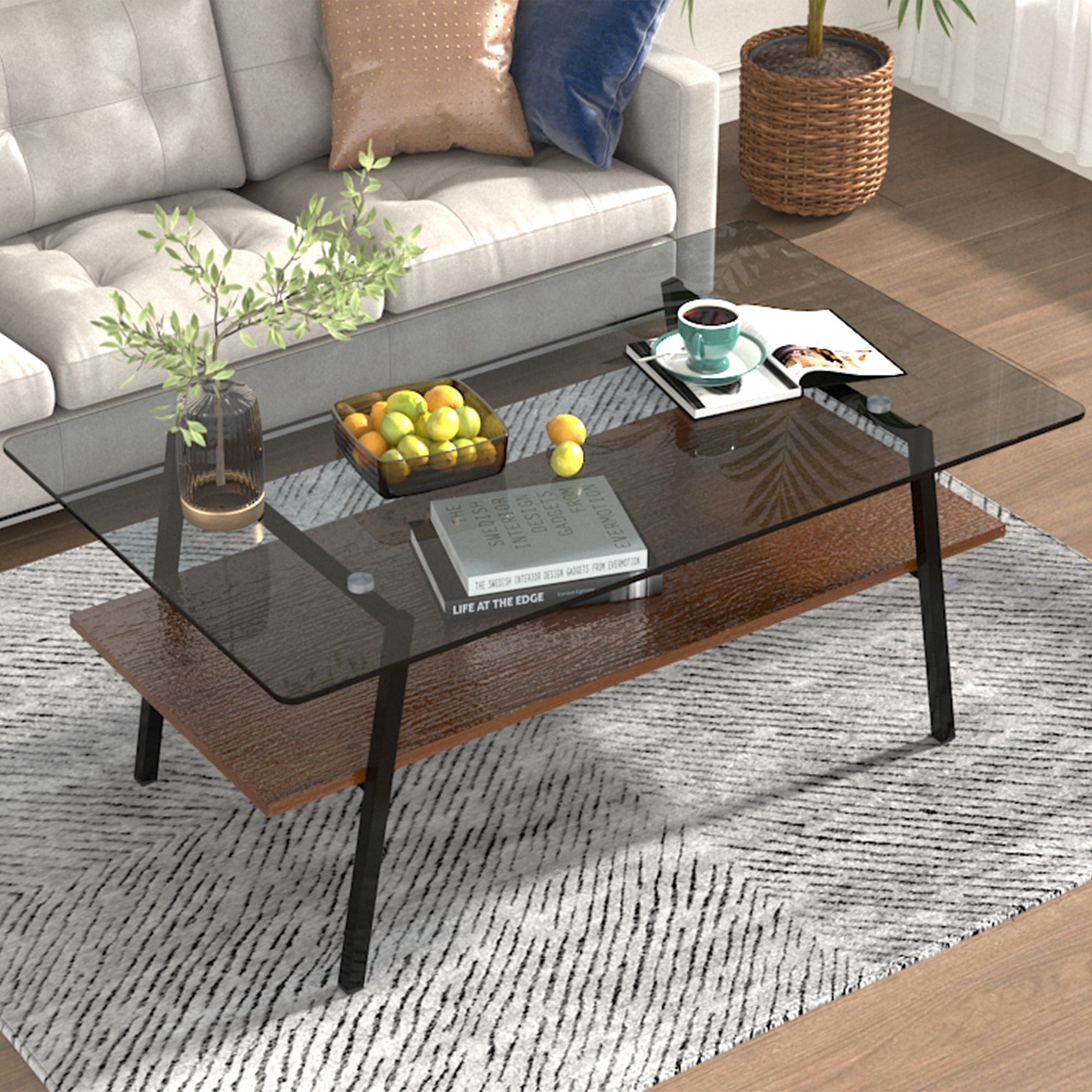 Pefelife Rectangle Coffee Table, Gray Tempered Glass Tabletop with Black Metal Legs