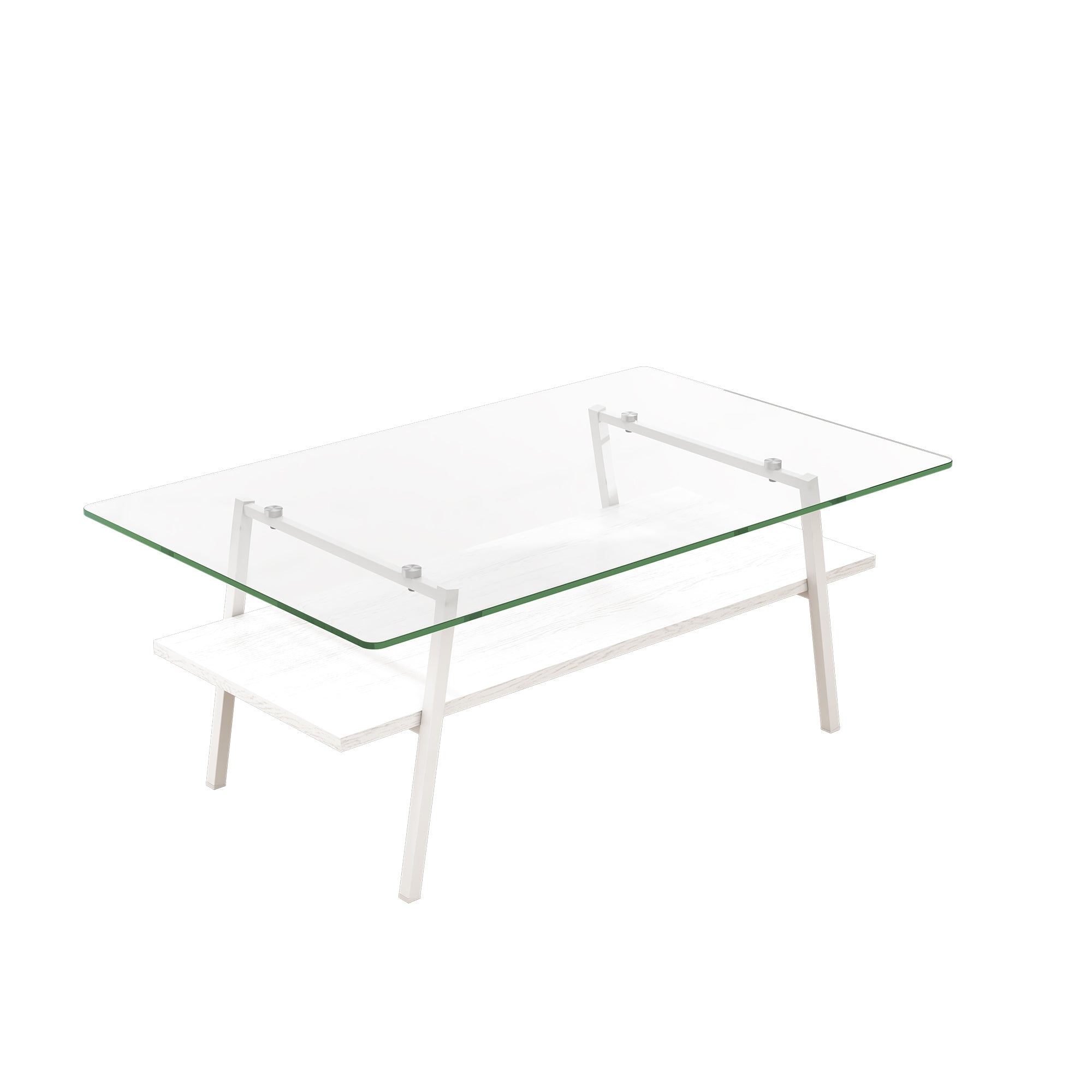 Pefelife Tempered Glass Coffee Table with 2-Tier Storage & Walnut Wood Shelf