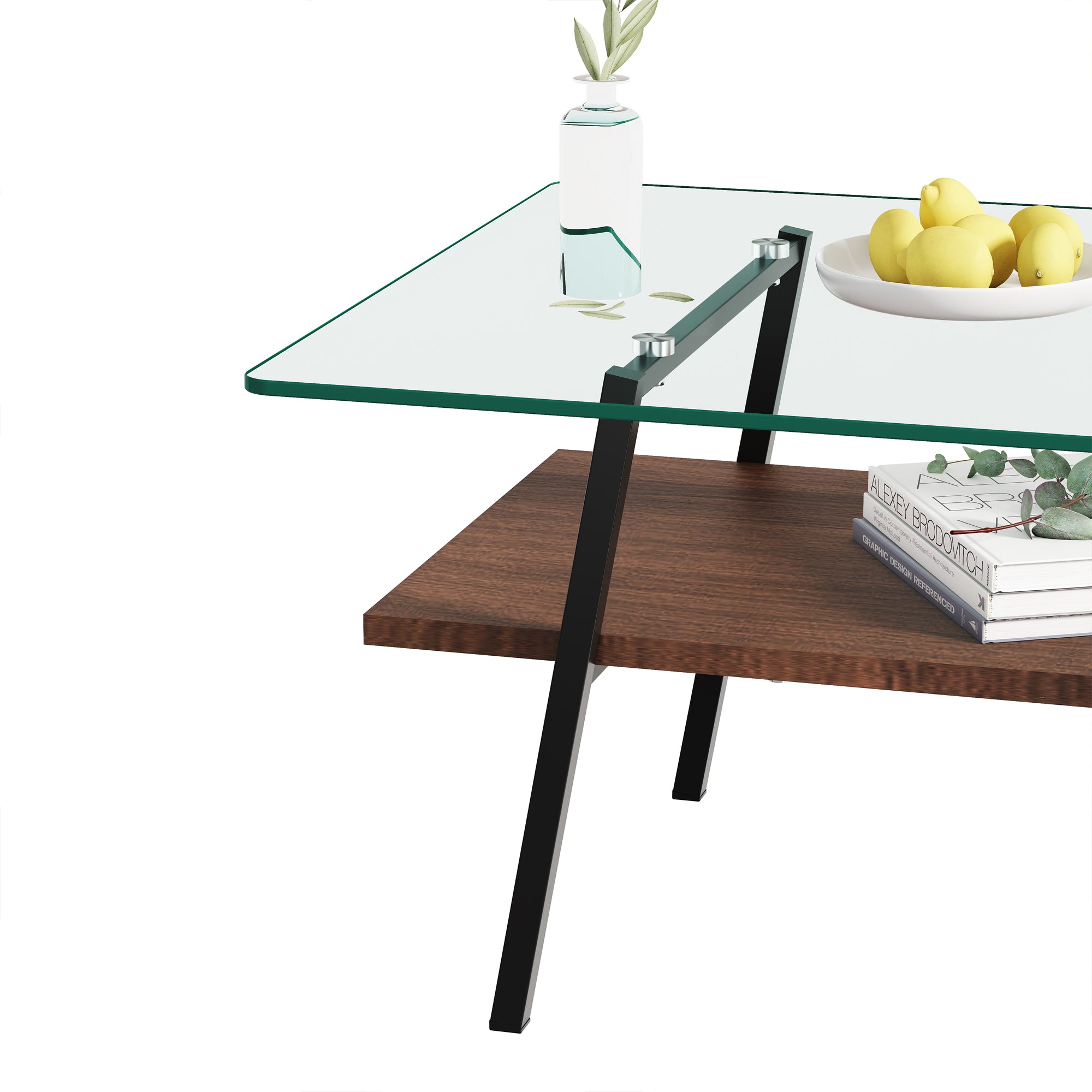 Pefelife Tempered Glass Coffee Table with 2-Tier Storage & Walnut Wood Shelf