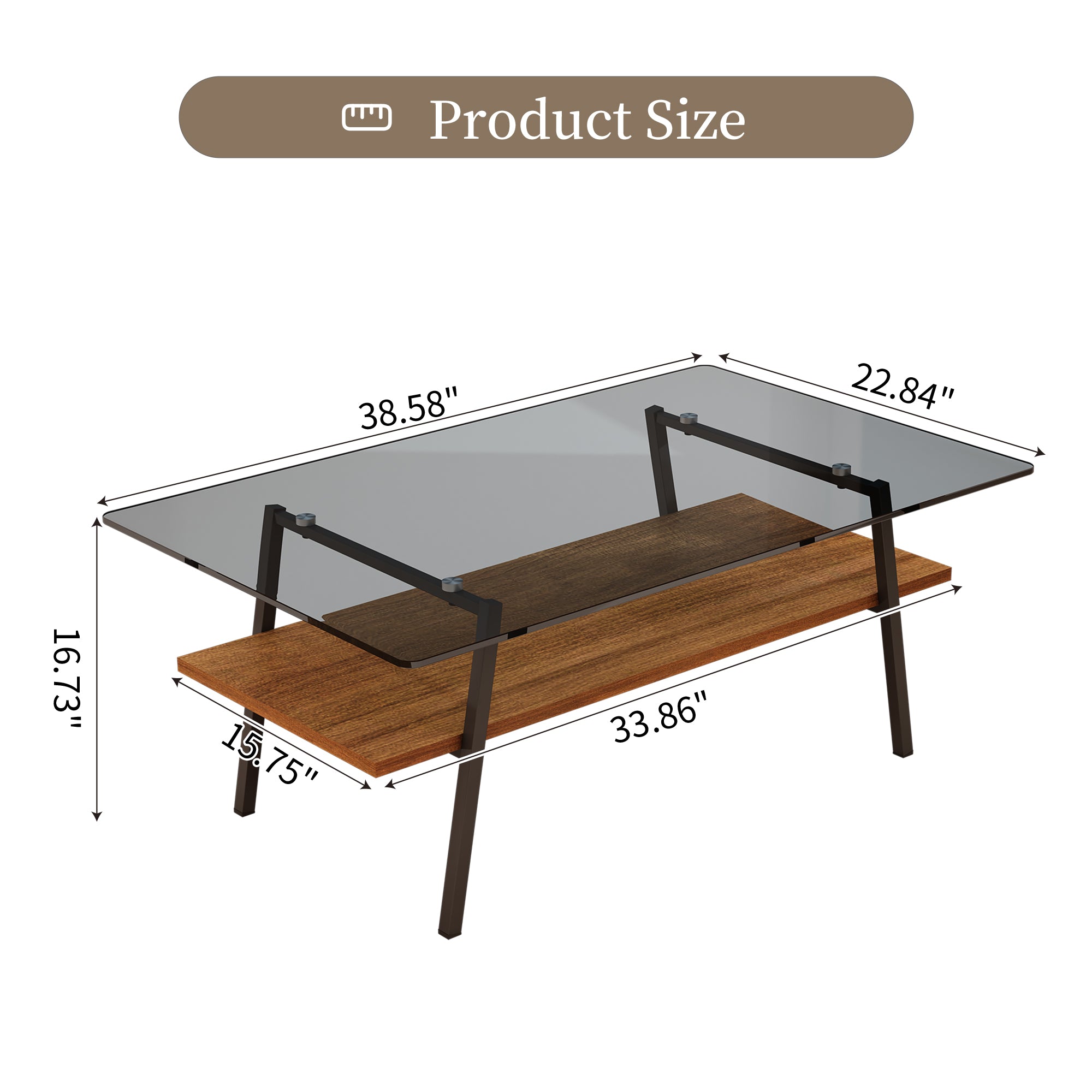 Pefelife Rectangle Coffee Table, Gray Tempered Glass Tabletop with Black Metal Legs