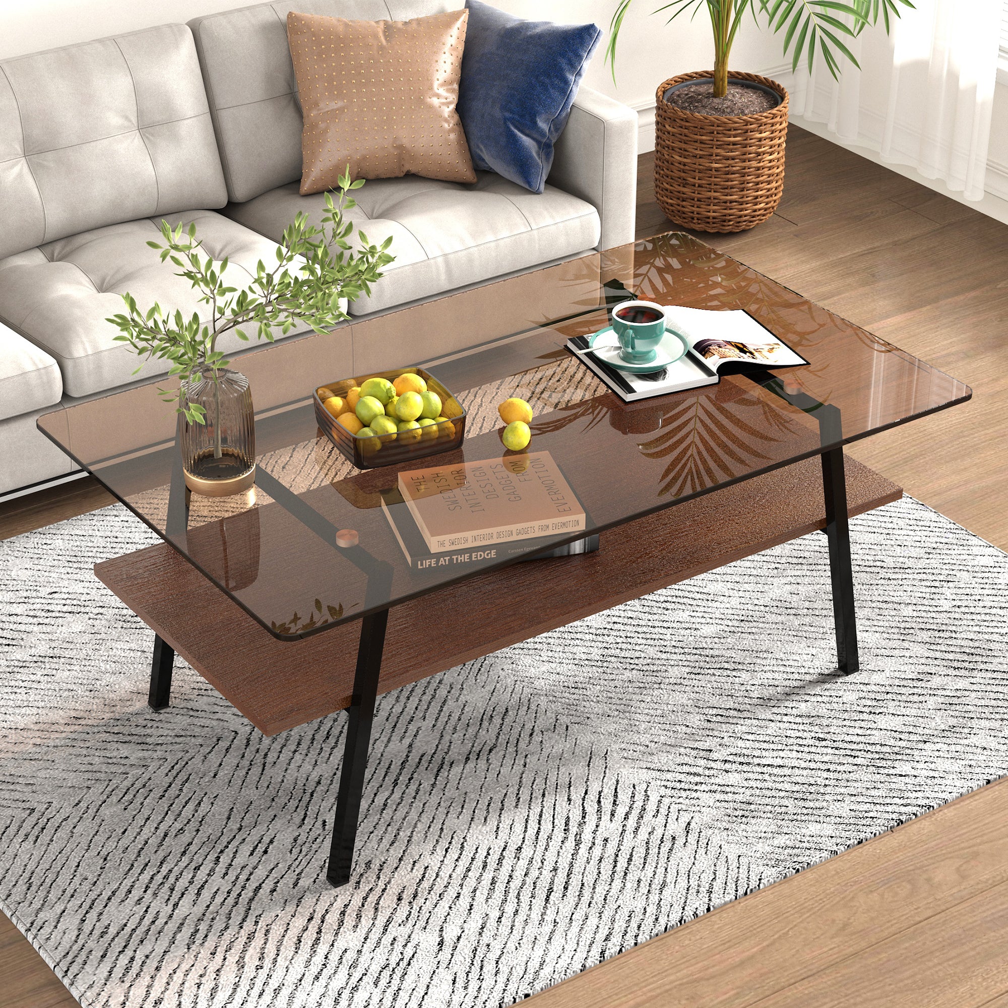 Pefelife Rectangle Coffee Table, Brown Tempered Glass Tabletop with Black Metal Legs
