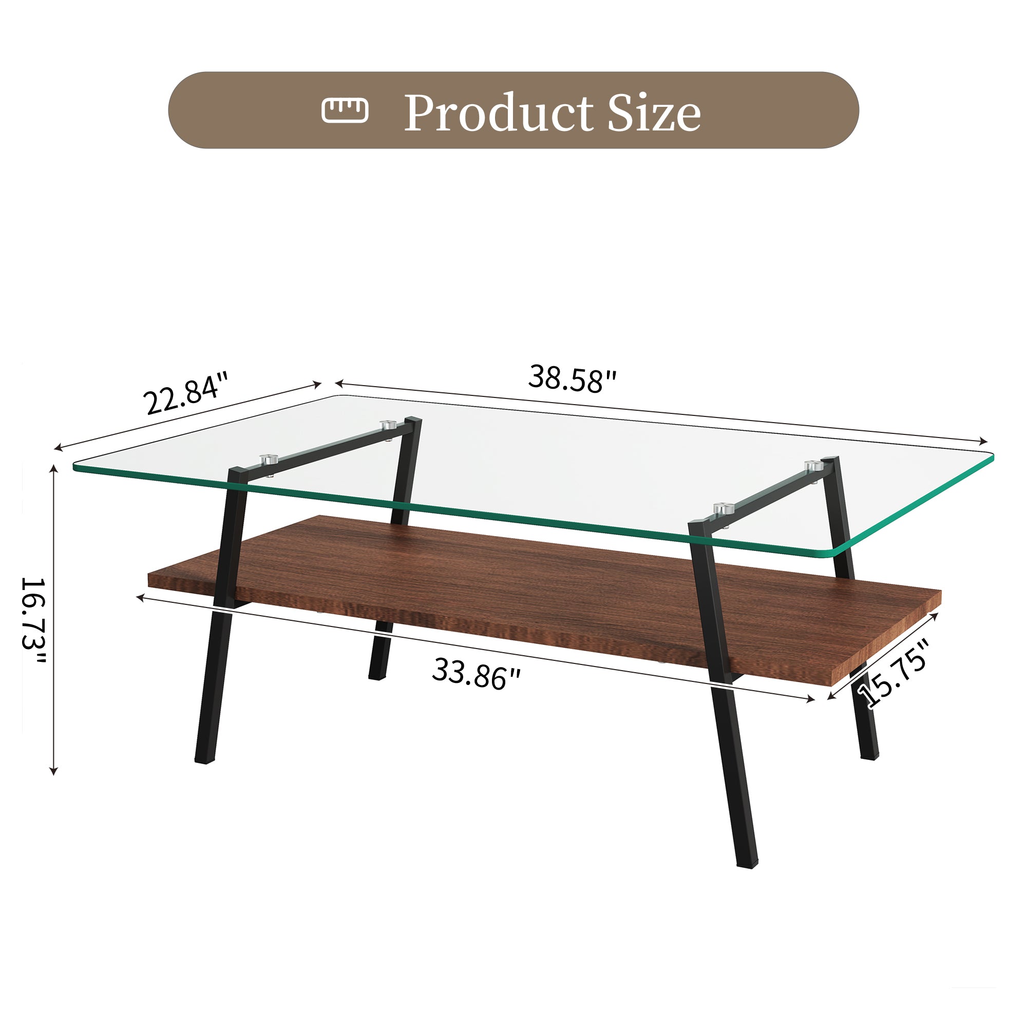 Pefelife Tempered Glass Coffee Table with 2-Tier Storage & Walnut Wood Shelf
