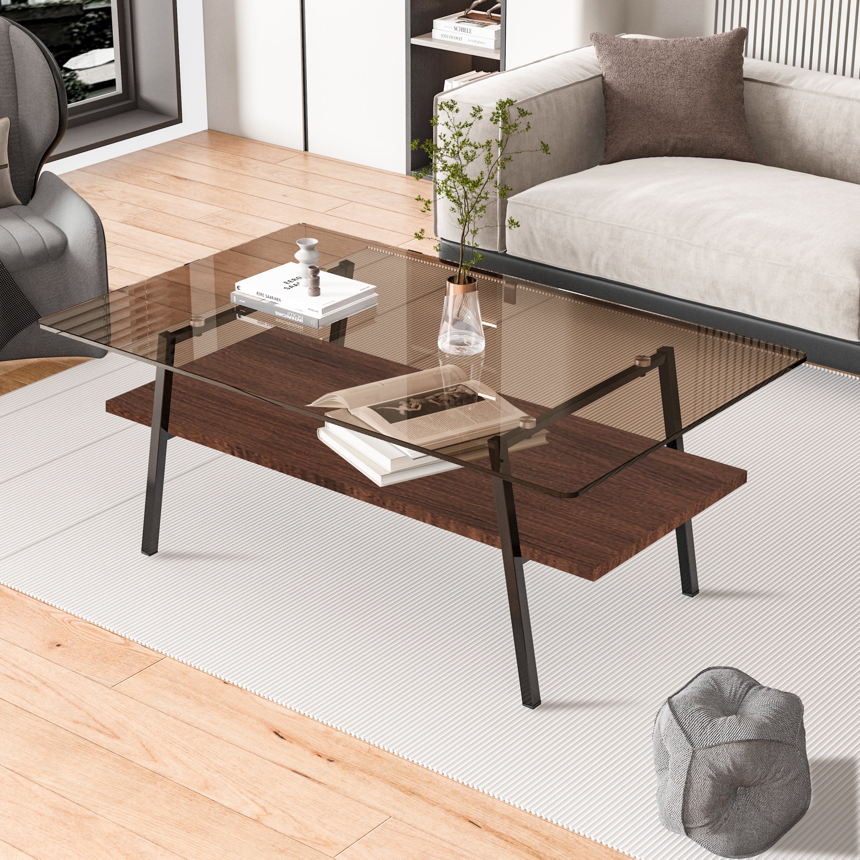 Pefelife Rectangle Coffee Table, Brown Tempered Glass Tabletop with Black Metal Legs