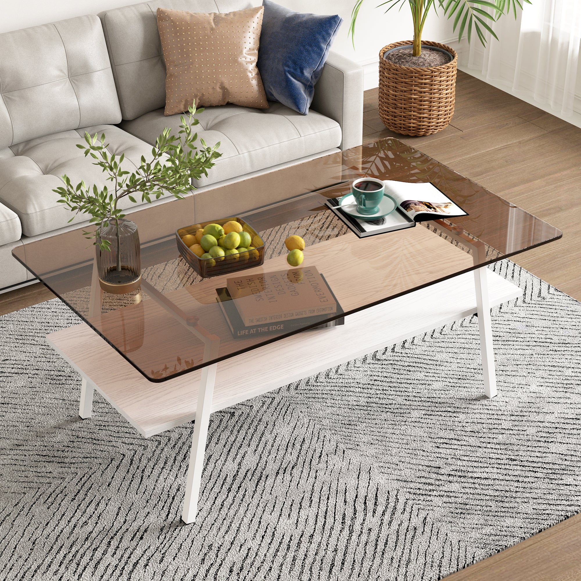 Pefelife Rectangle Coffee Table, Brown Tempered Glass Tabletop with Black Metal Legs