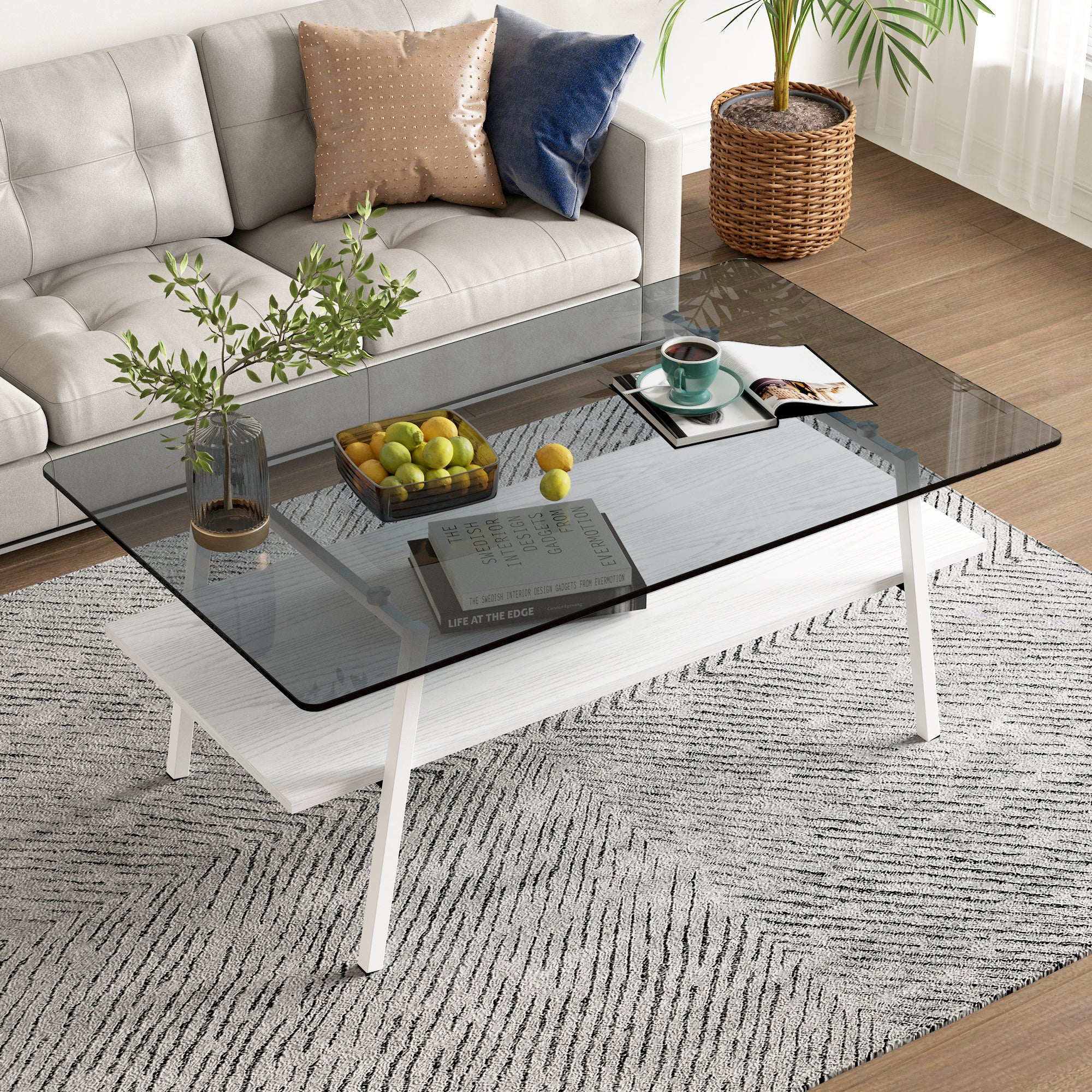Pefelife Coffee Table Set and End Tables Set with Tempered Glass Tabletop and Metal Frame