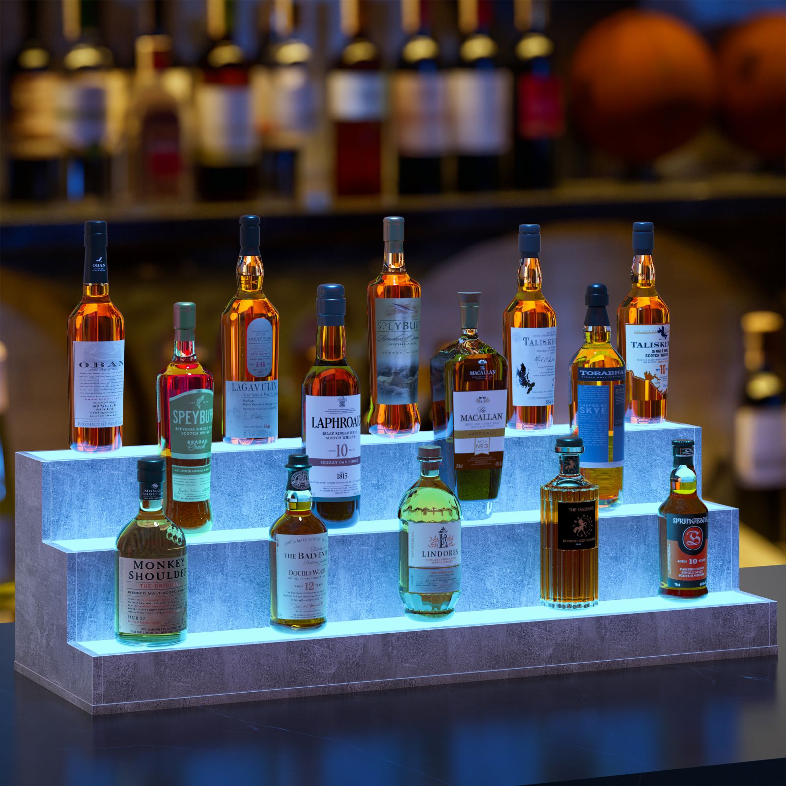 Pefelife 37 Inch LED Lighted Liquor Bottle Display Shelf, 3 Step