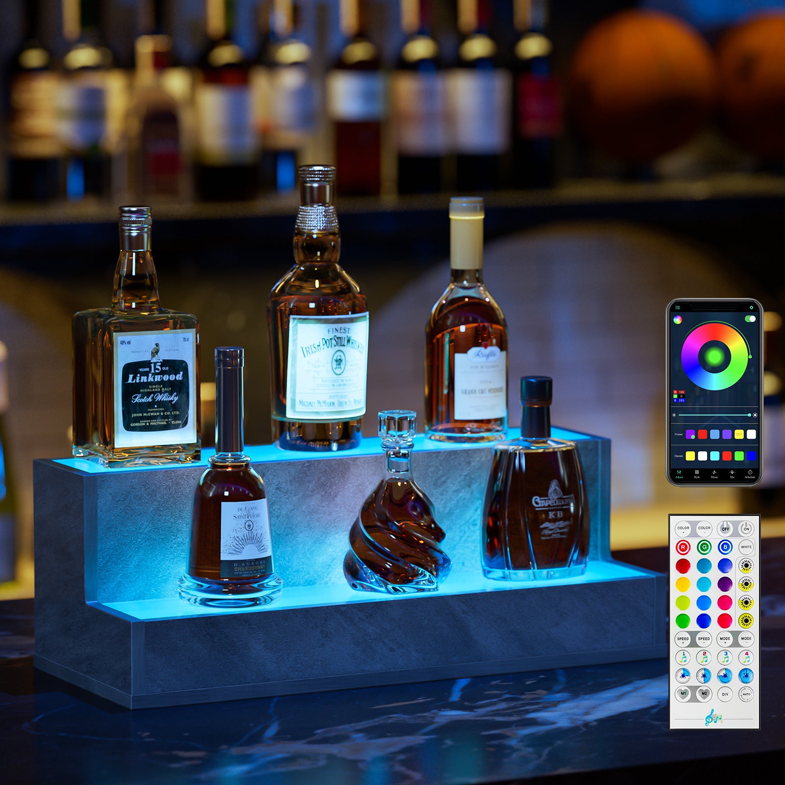 Pefelife 20 Inch LED Lighted Liquor Bottle Display Shelf