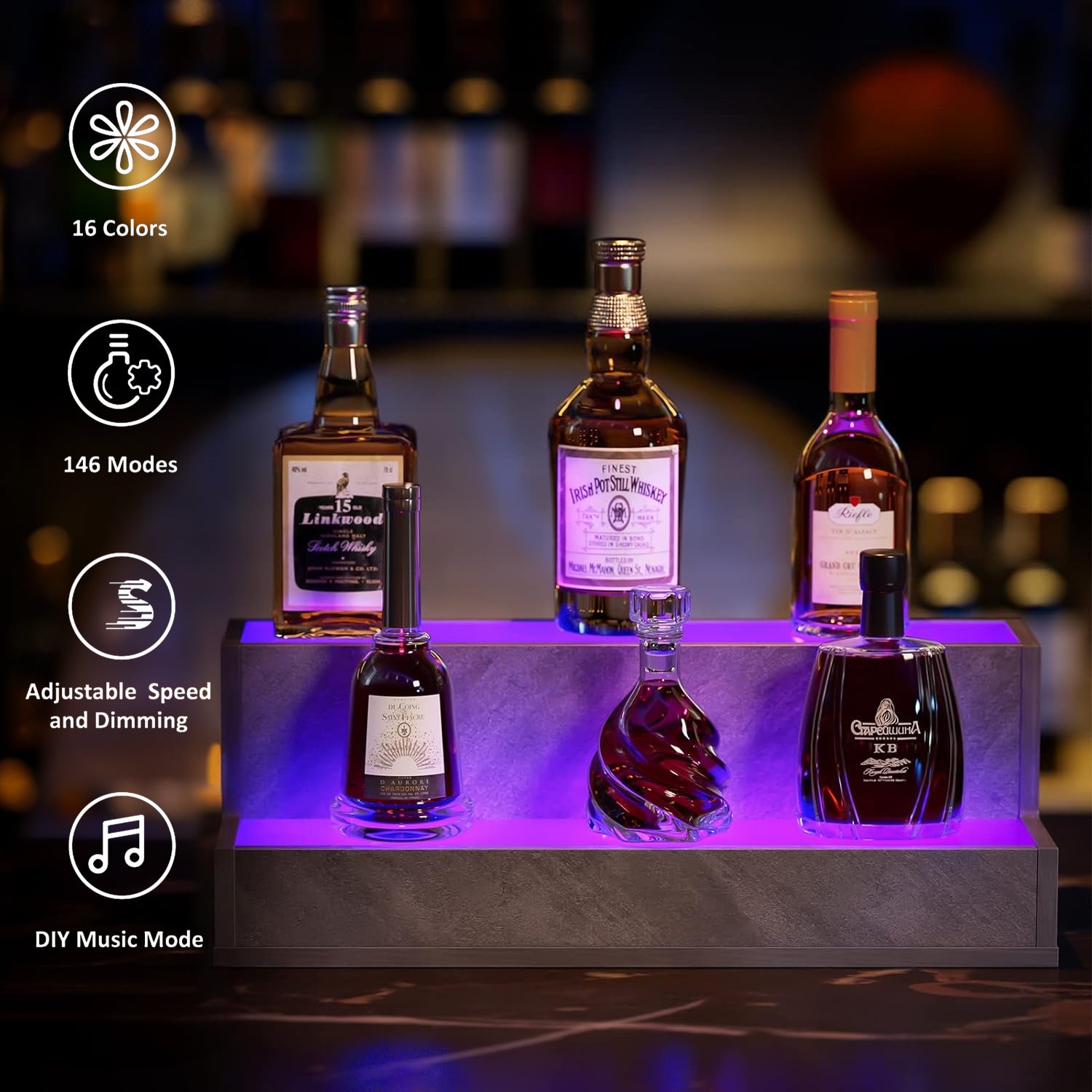 Pefelife 20 Inch LED Lighted Liquor Bottle Display Shelf