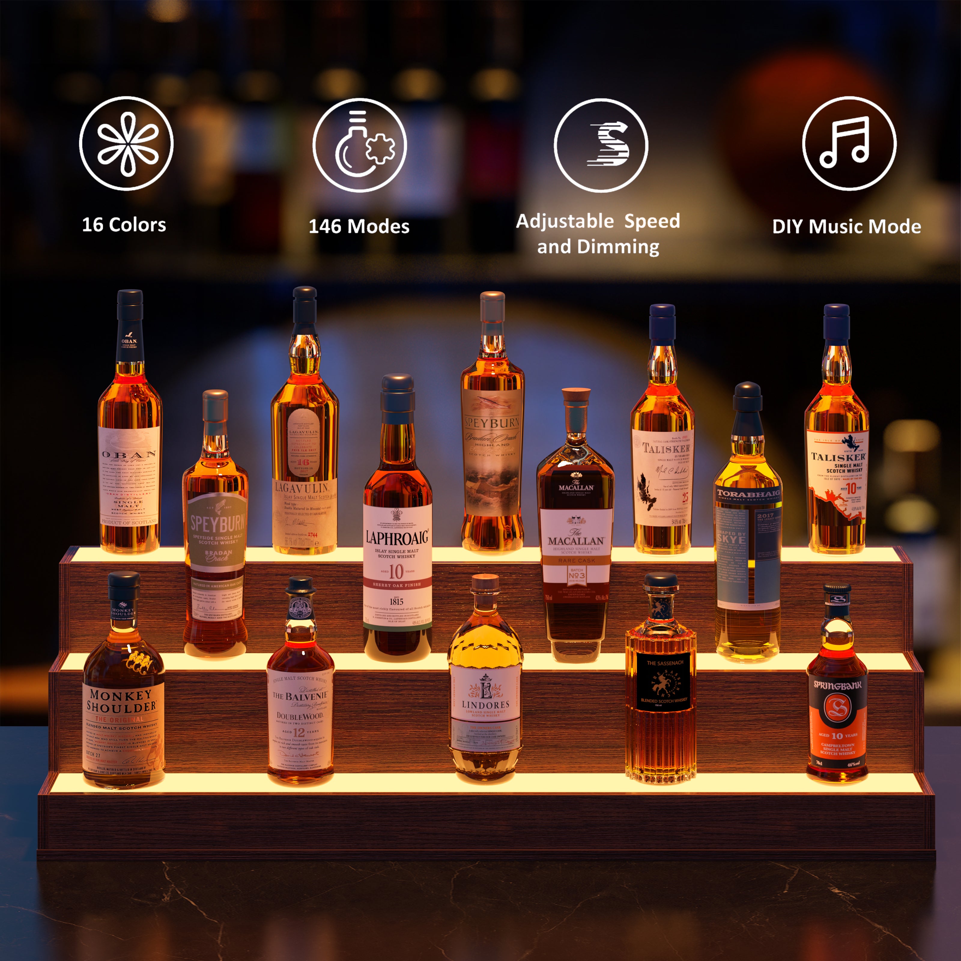 Pefelife 37 Inch LED Lighted Liquor Bottle Display Shelf, 3 Step