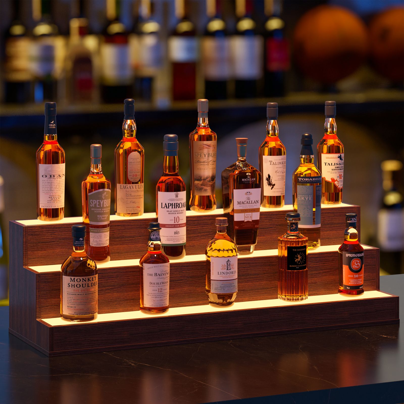 Pefelife 37 Inch LED Lighted Liquor Bottle Display Shelf, 3 Step