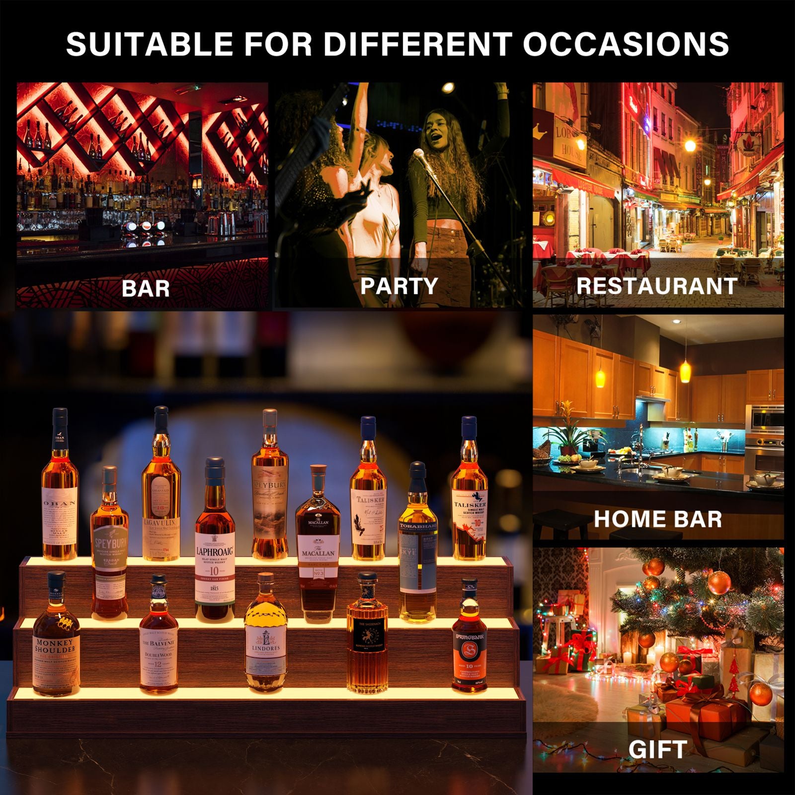 Pefelife 37 Inch LED Lighted Liquor Bottle Display Shelf, 3 Step