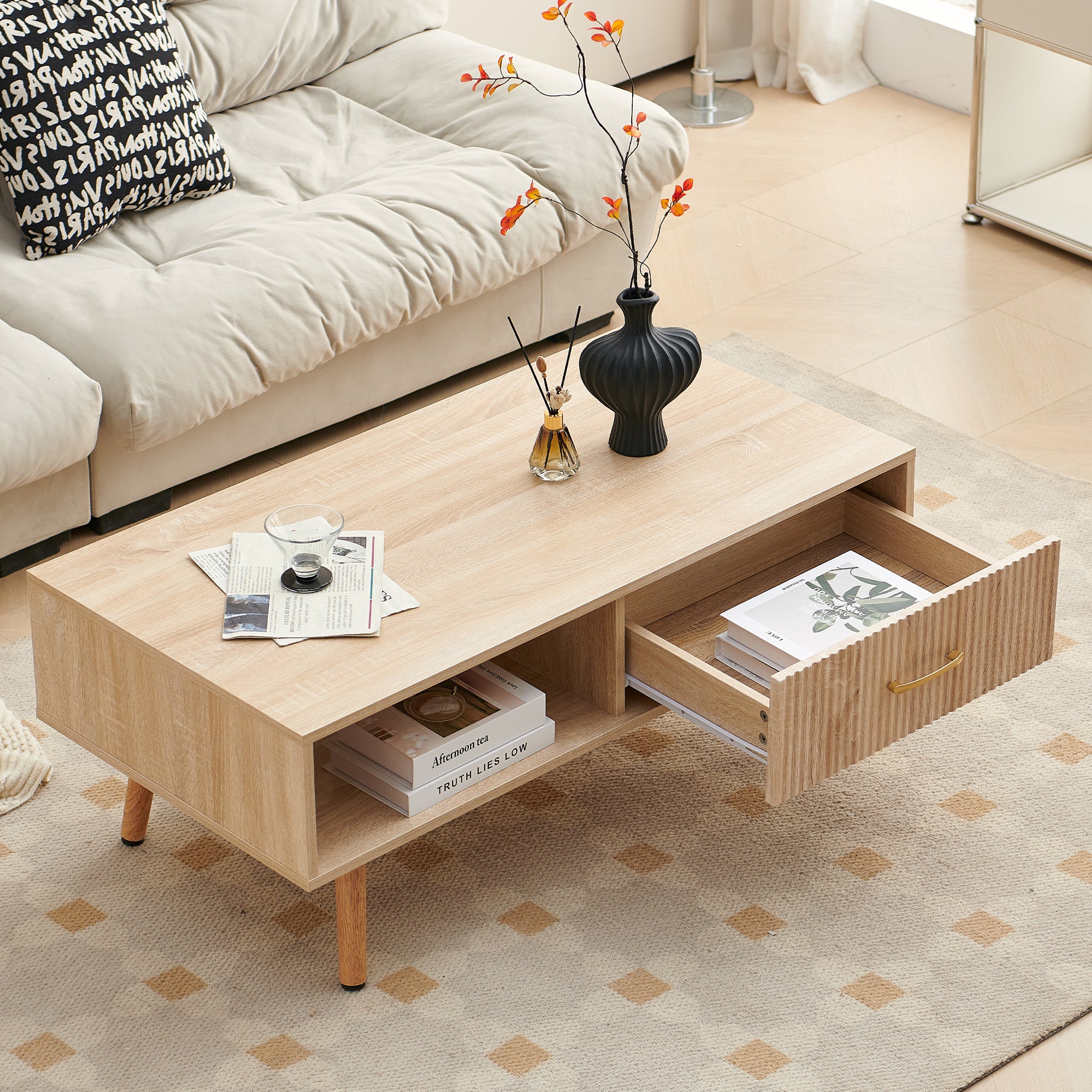 Pefelife Coffee Table with Storage and Sliding Rattan Door Panel, Natural Tabletop