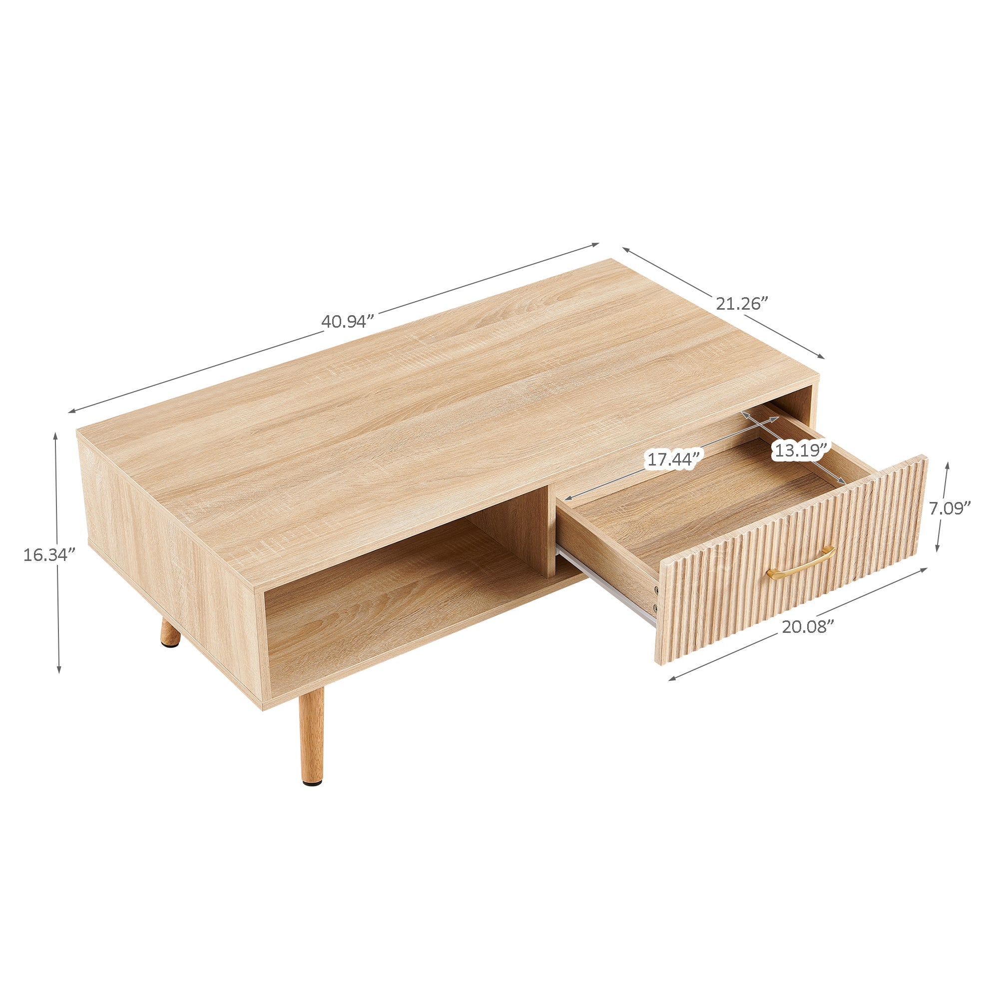 Pefelife Coffee Table with Storage and Sliding Rattan Door Panel, Natural Tabletop
