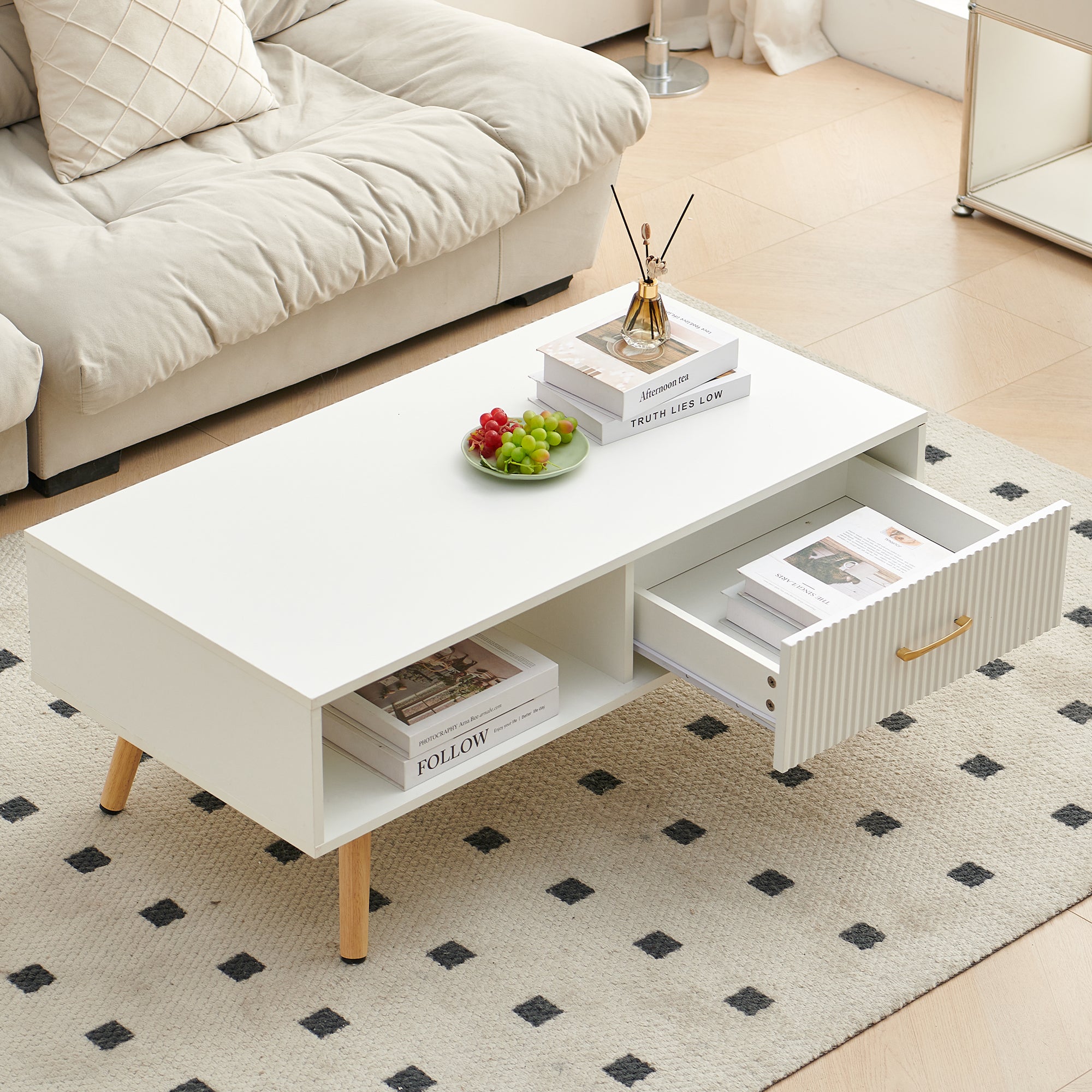 Pefelife Coffee Table with Storage and Sliding Rattan Door Panel, White Tabletop