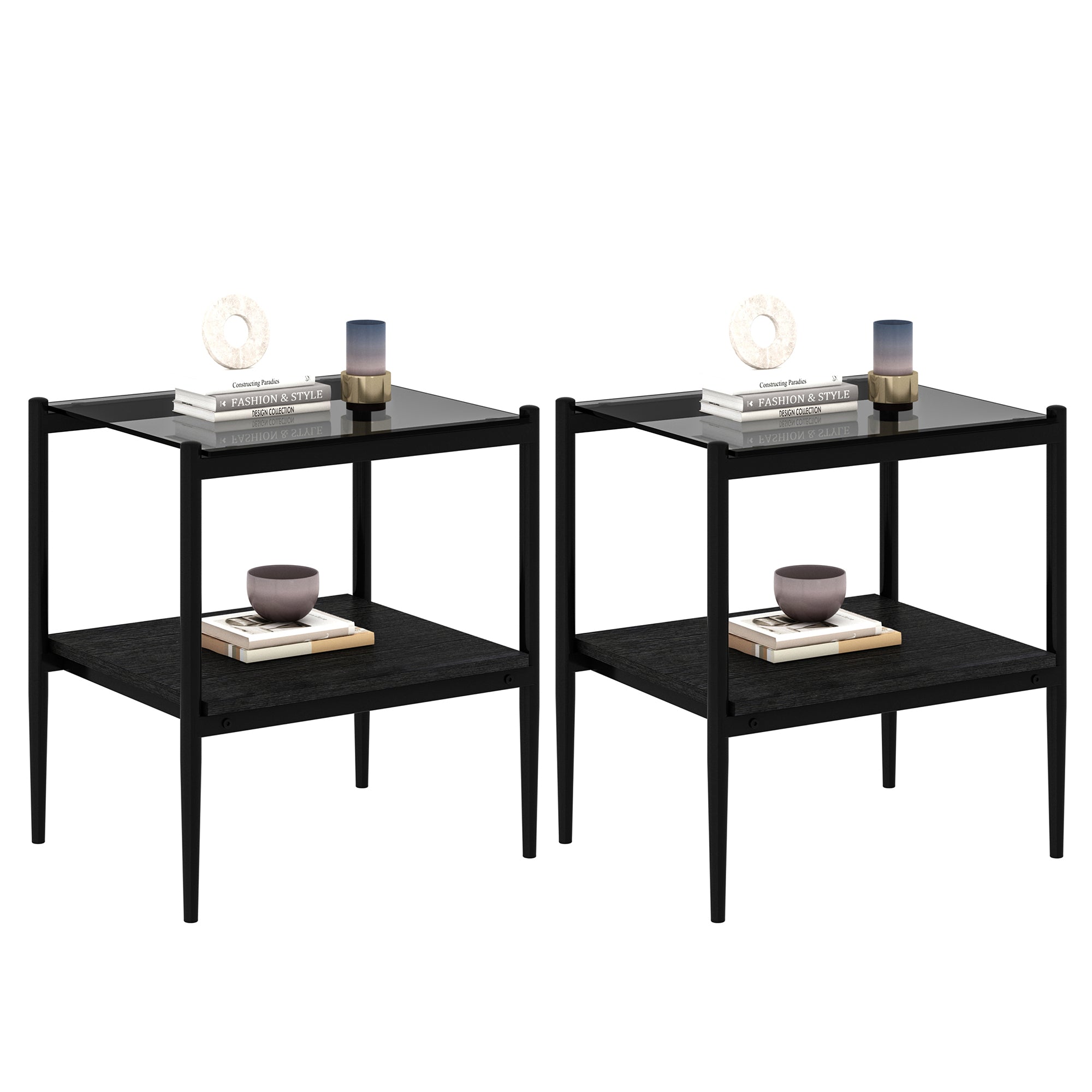 Pefelife Tempered Glass End Table Set of 2 with Wooden Storage Shelf