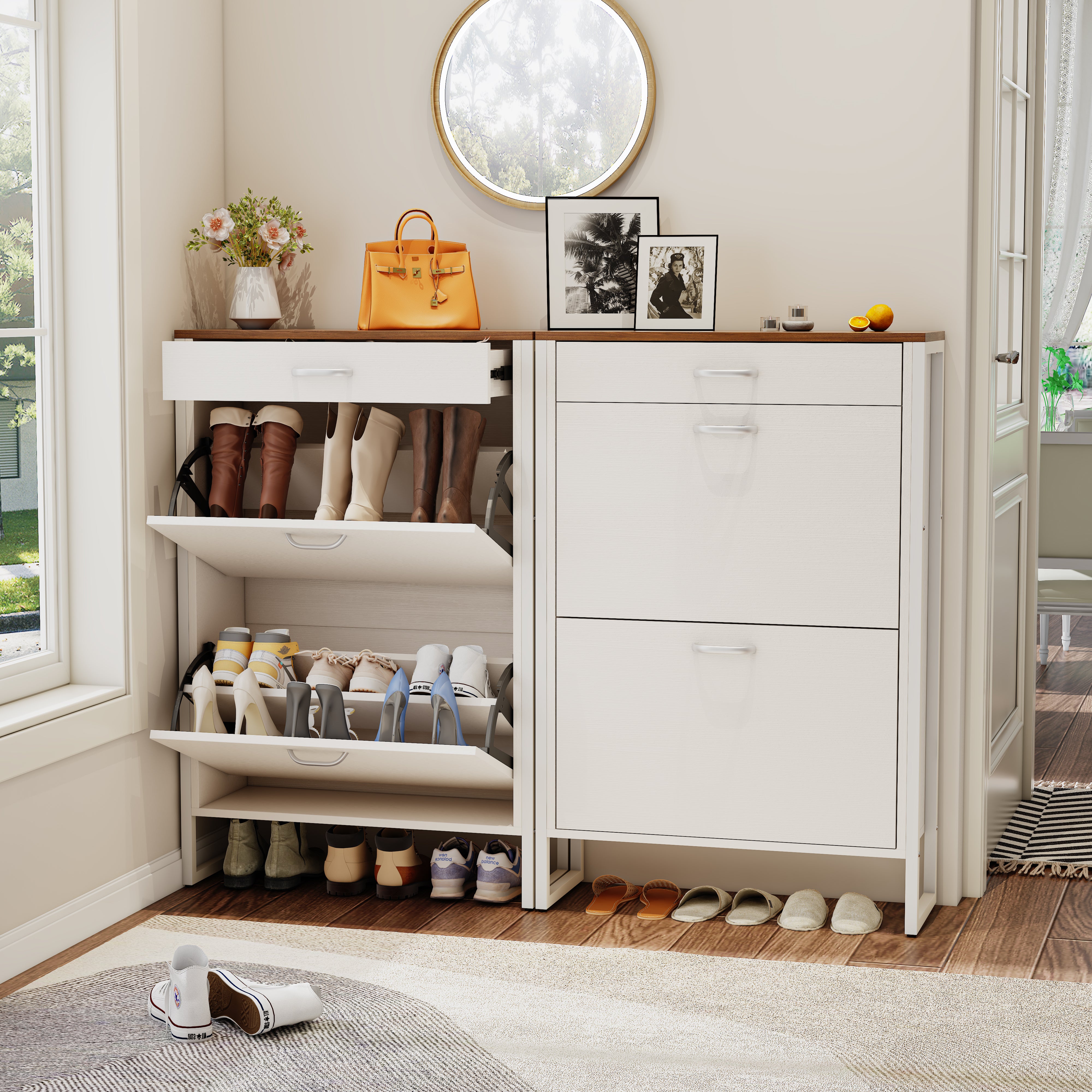 Pefelife Freestanding Shoe Storage Cabinet, 2 Flip Drawers & Top Drawer for Entryway