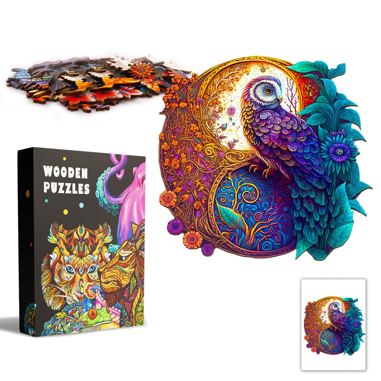 Pefelife Wooden Jigsaw Puzzle for Adults, Mandala Yin-yang Owl Puzzle
