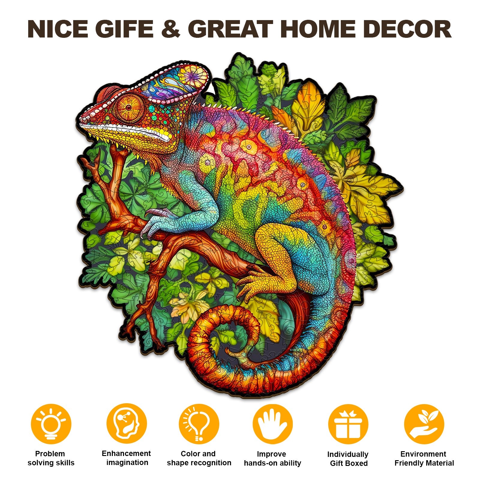Pefelife Wooden Jigsaw Puzzle for Adults, Colored Chameleon Puzzle