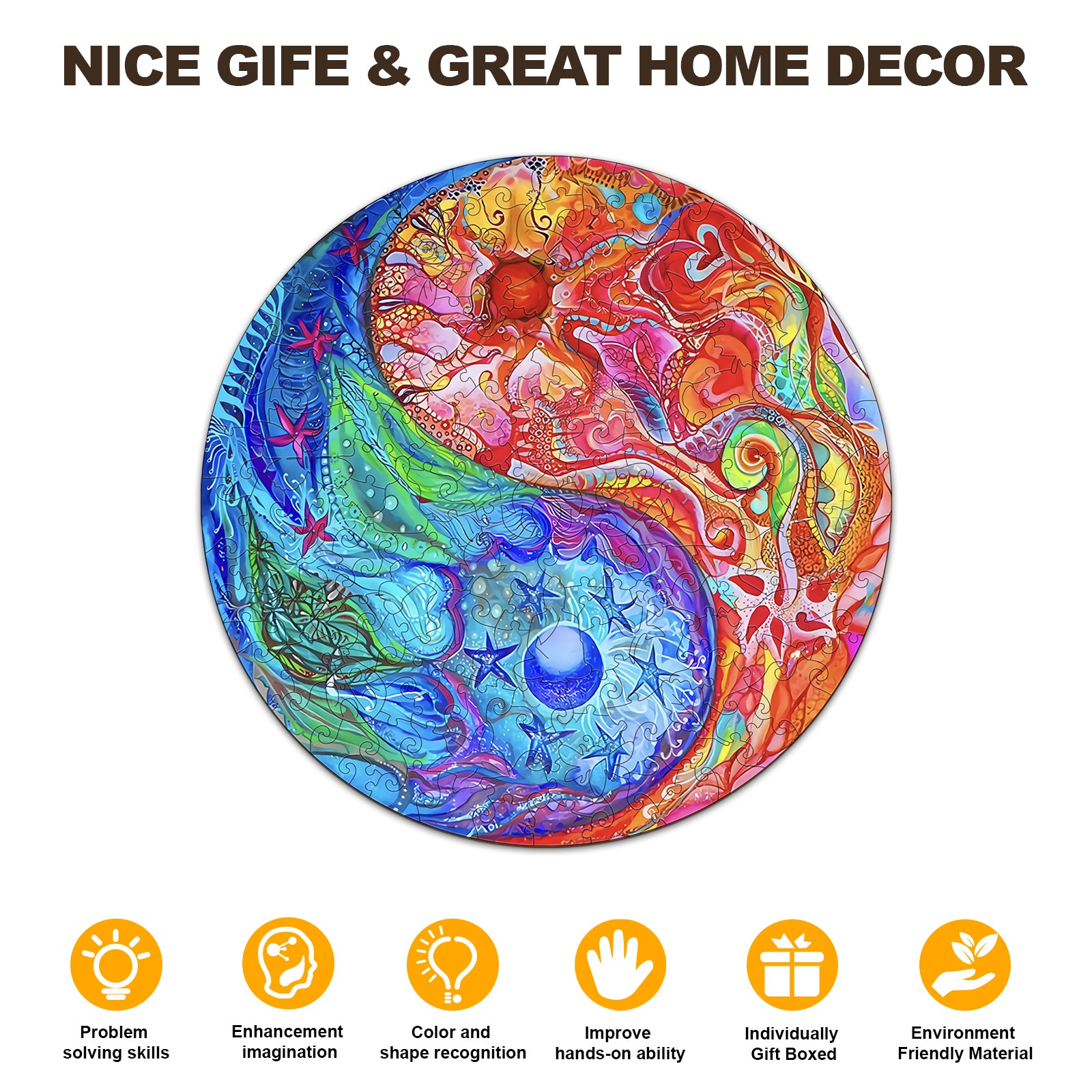 Pefelife Wooden Jigsaw Puzzle for Adults, Mandala Yin-yang Mandala Puzzle
