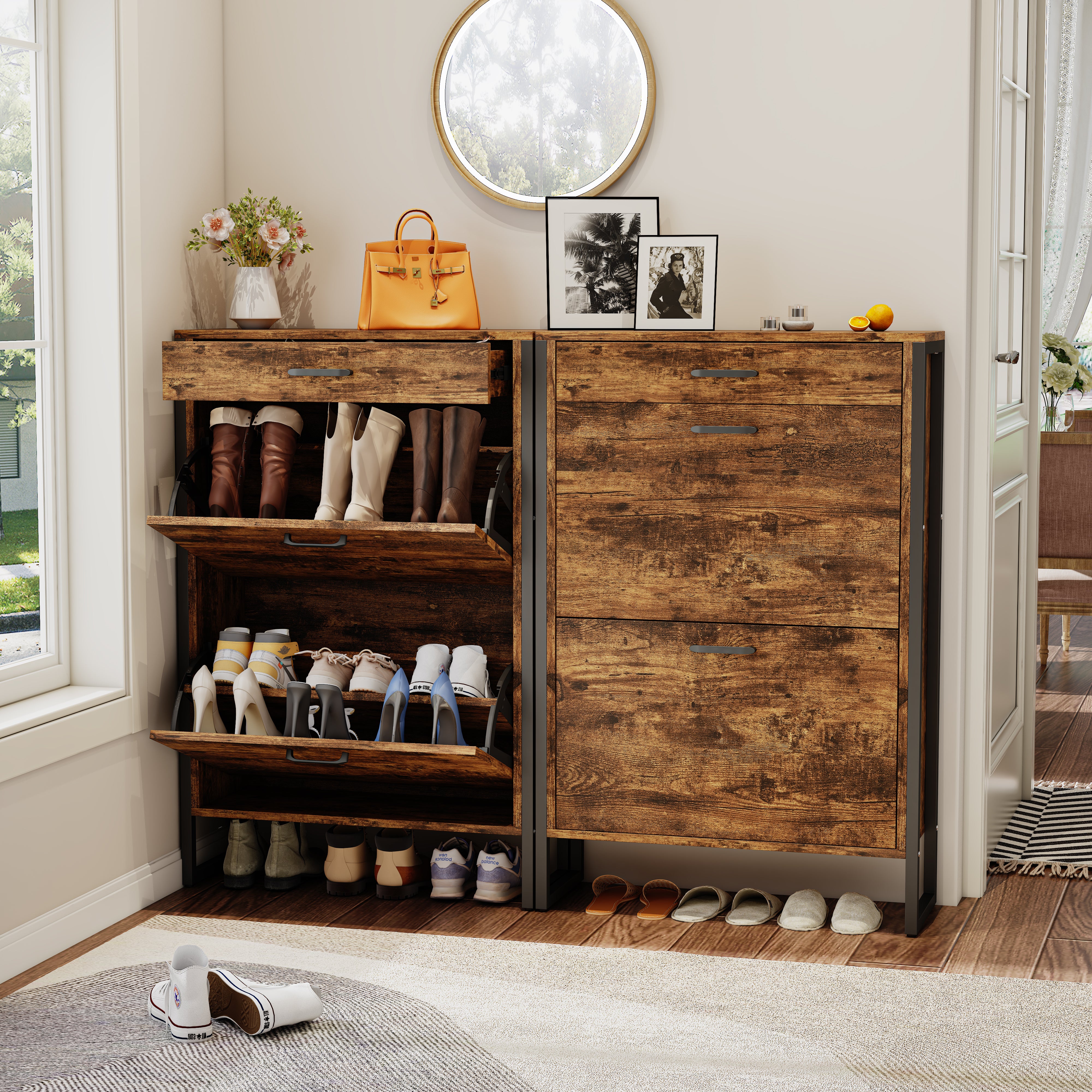Pefelife Freestanding Shoe Storage Cabinet, 2 Flip Drawers & Top Drawer for Entryway