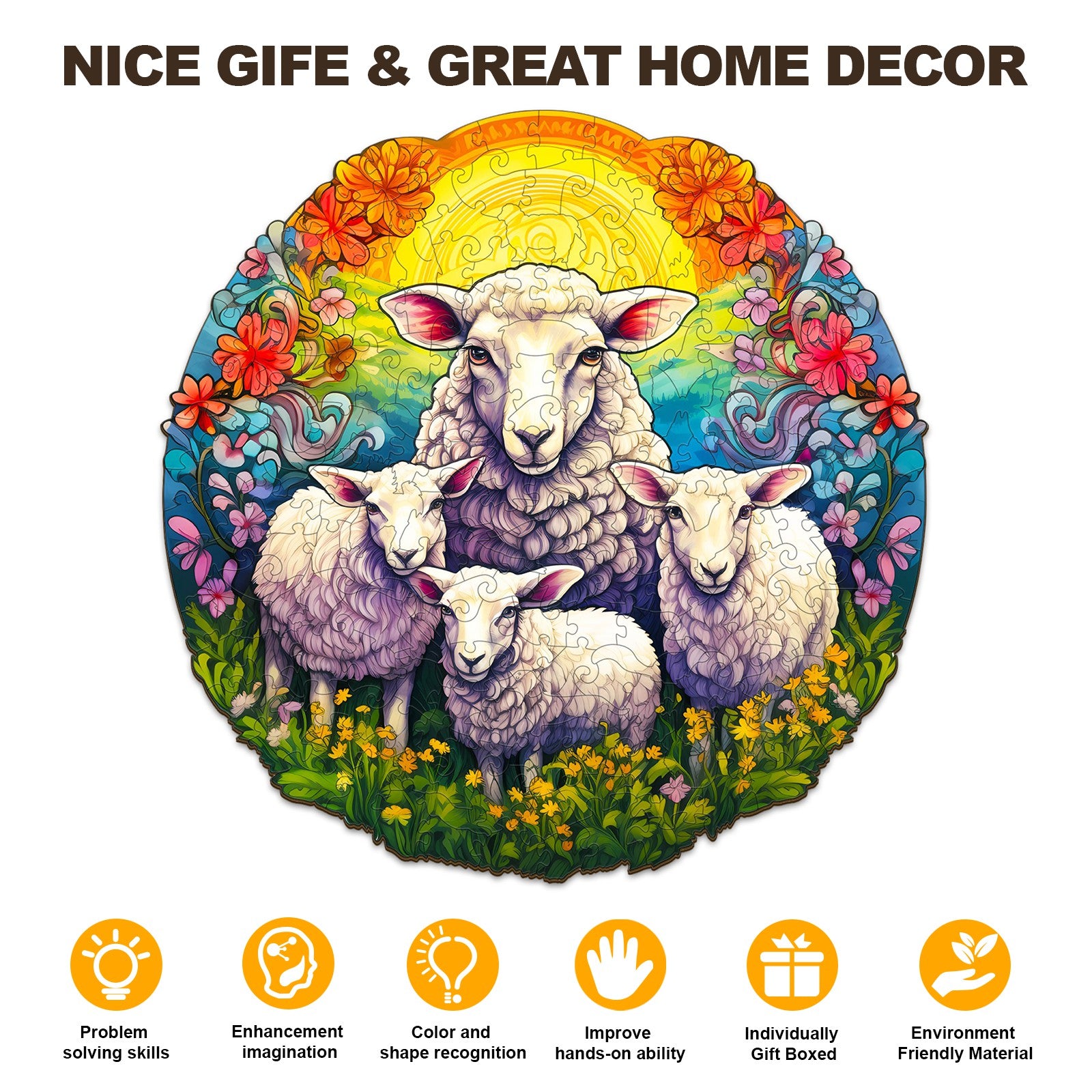 Pefelife Wooden Jigsaw Puzzle for Adults, Mandala Sheep Puzzle