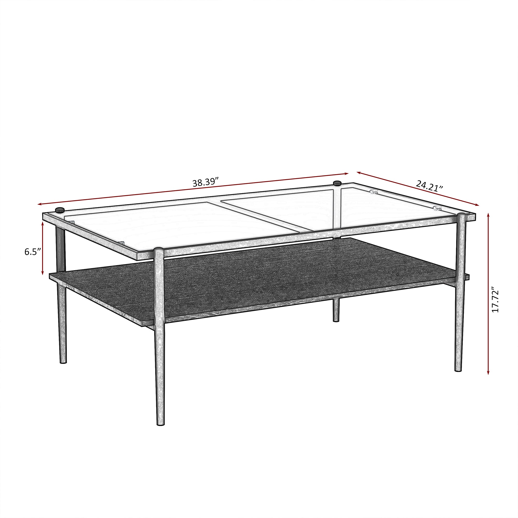 Pefelife Rectangular Tempered Glass Coffee Table with Double-Layer Storage Shelf