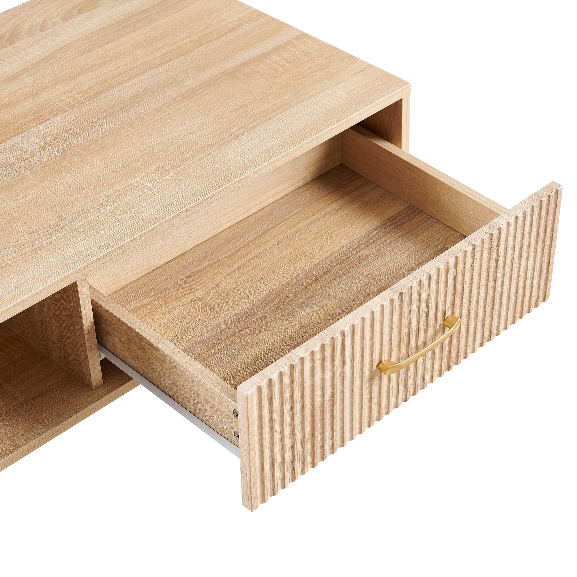 Pefelife Coffee Table with Storage and Sliding Rattan Door Panel, Natural Tabletop