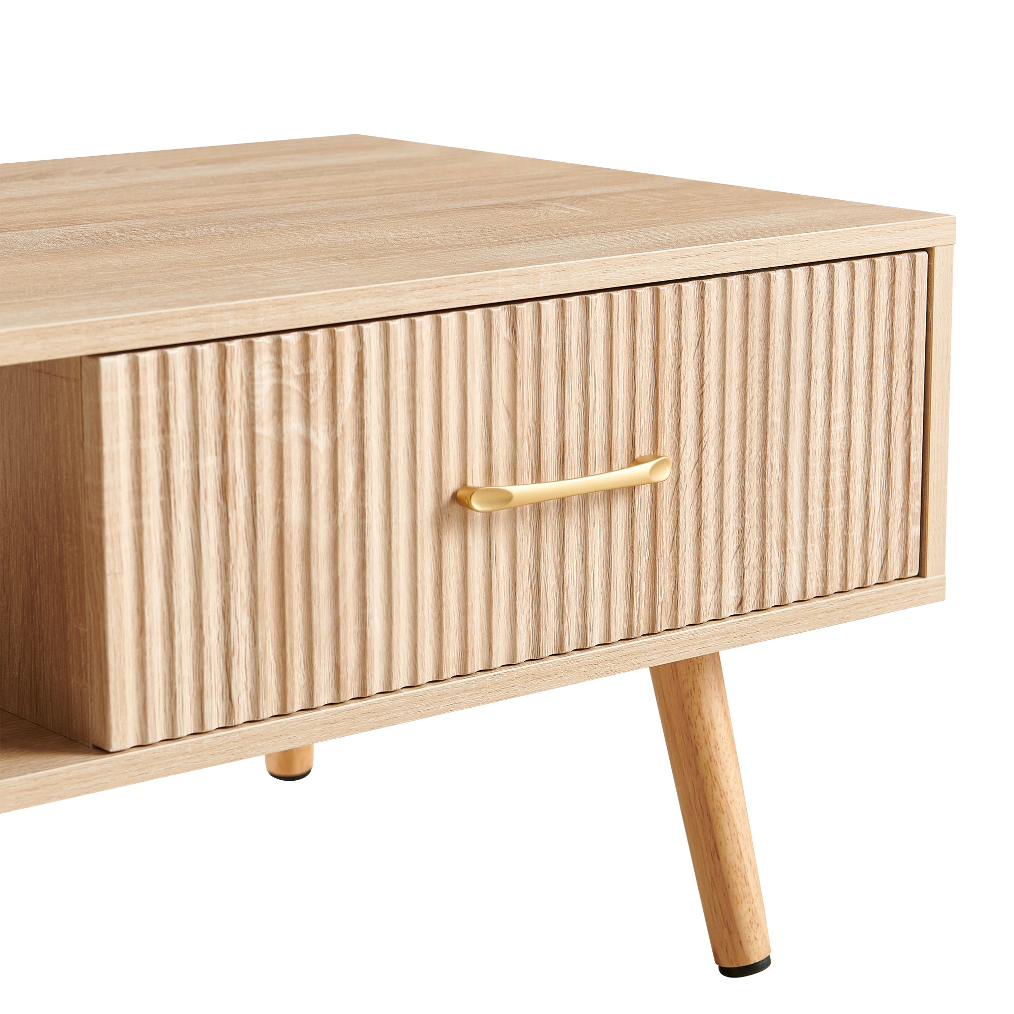 Pefelife Coffee Table with Storage and Sliding Rattan Door Panel, Natural Tabletop