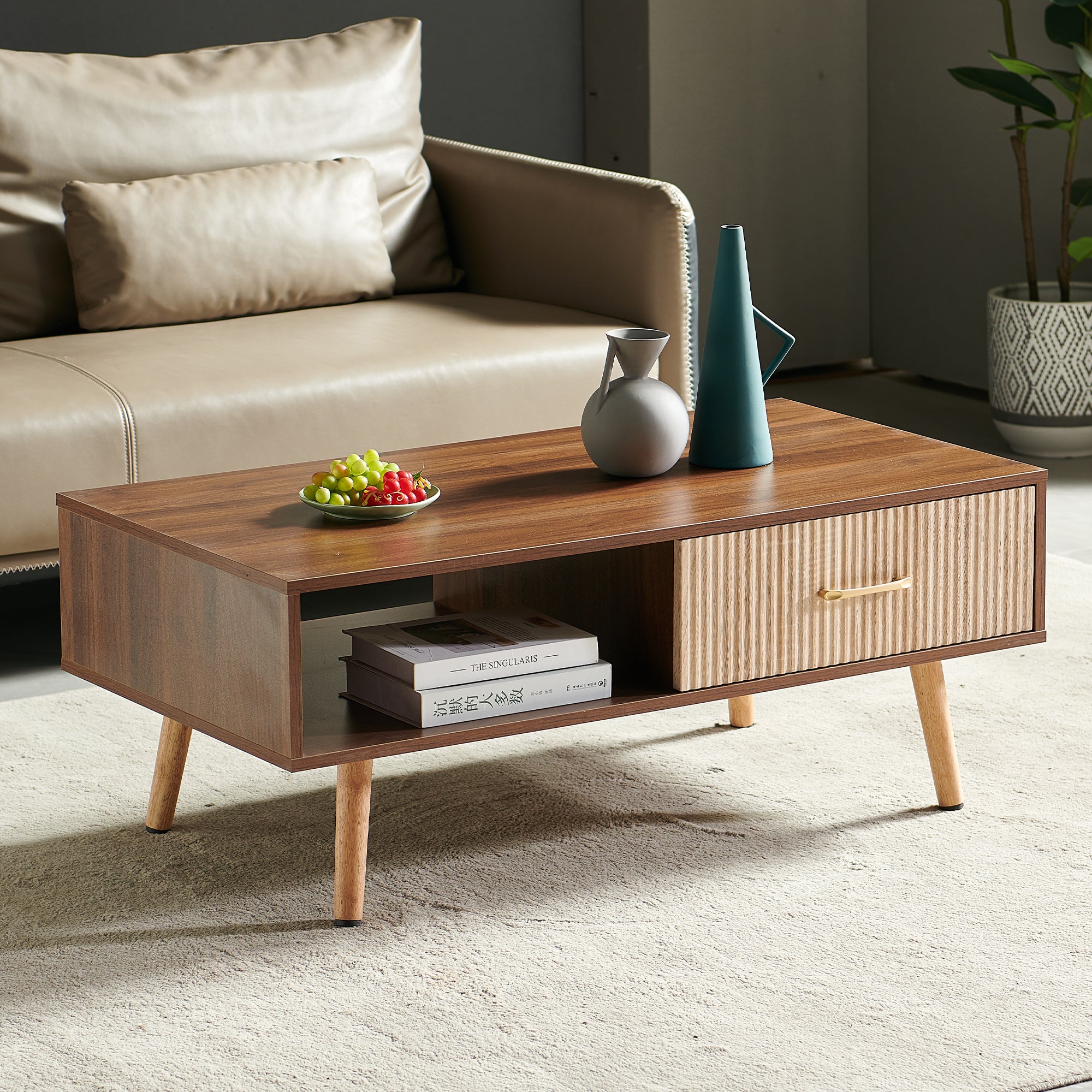 Pefelife Coffee Table with Storage and Sliding Rattan Door Panel, Walnut Tabletop