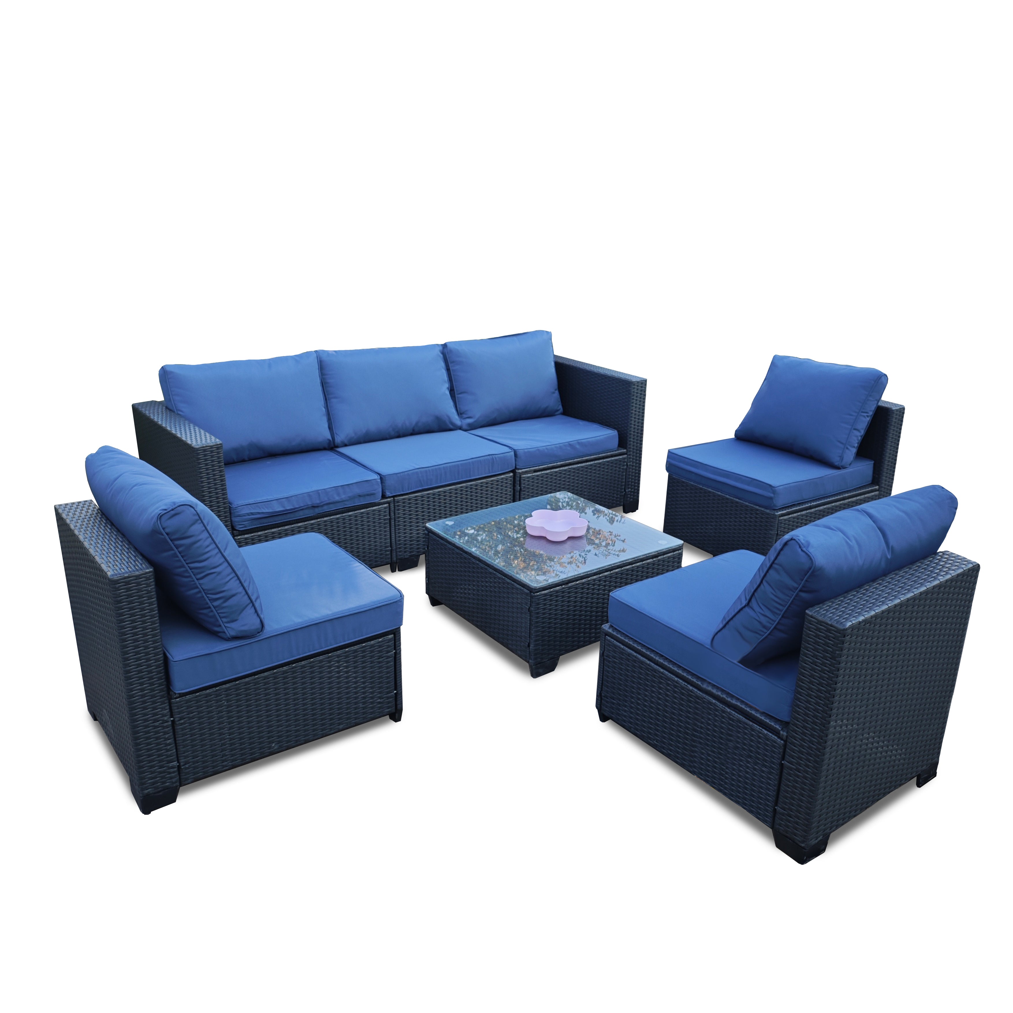 Pefelife 7PCS Patio Rattan Furniture Set Sofa Coffee Table Ottoman Navy