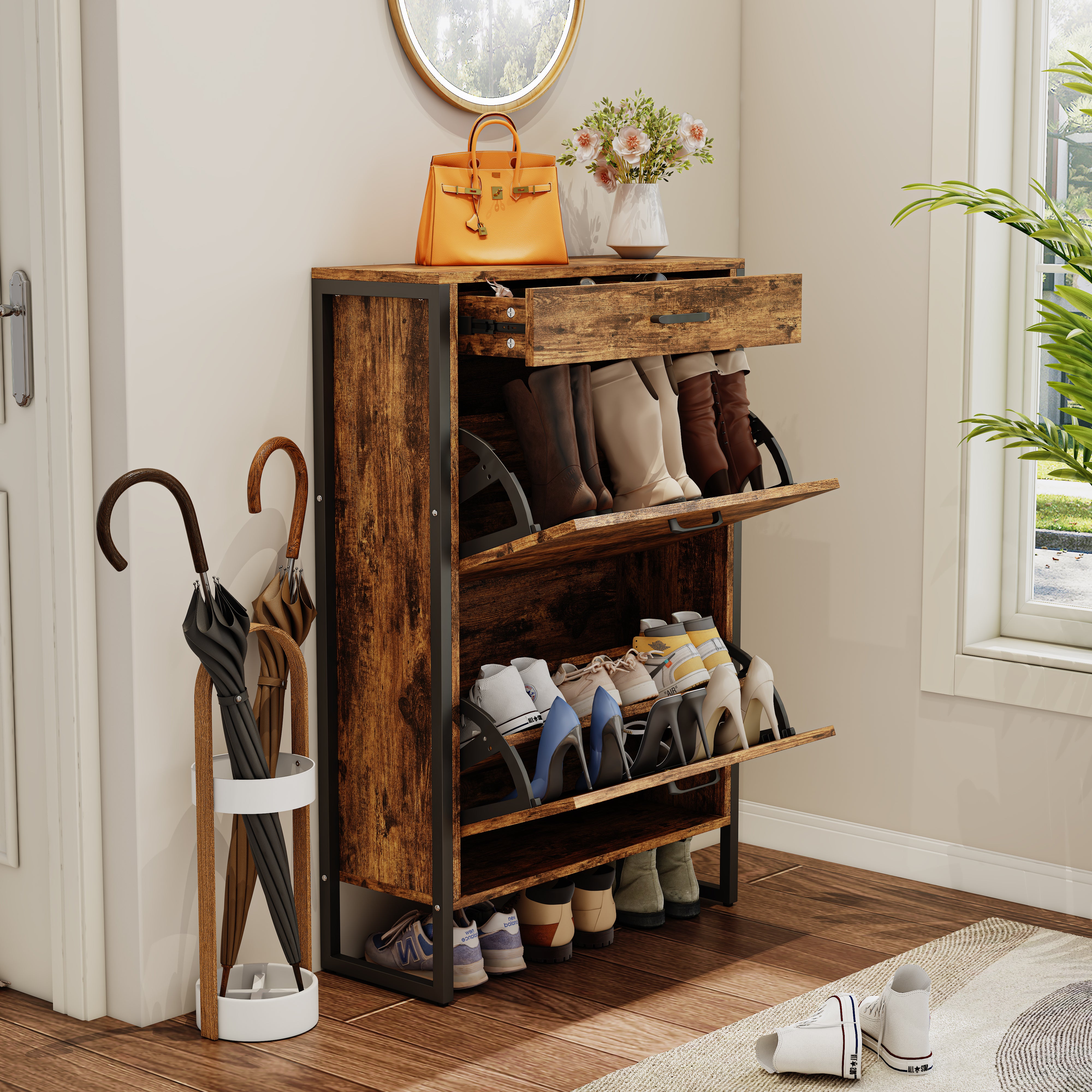 Pefelife Freestanding Shoe Storage Cabinet, 2 Flip Drawers & Top Drawer for Entryway