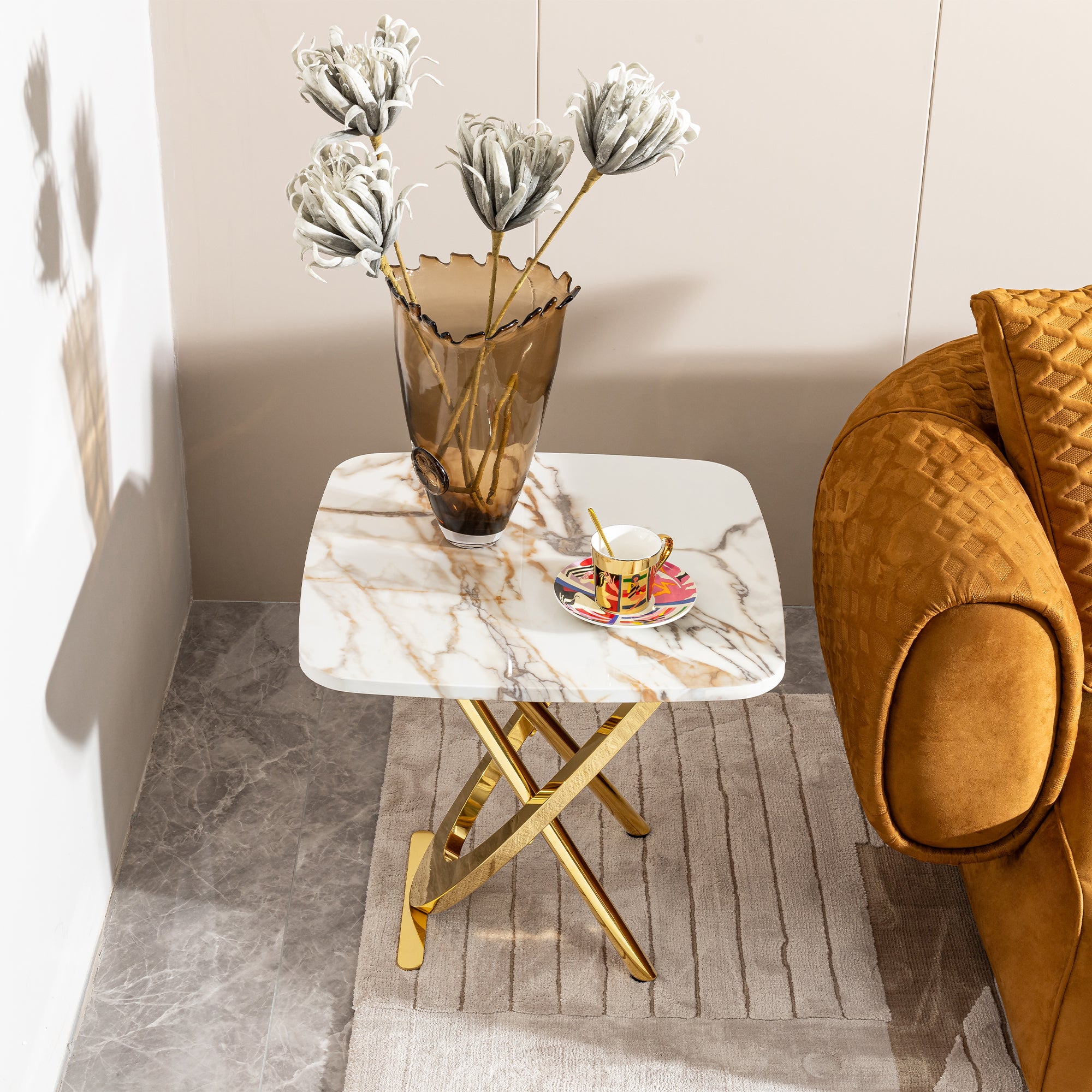 Pefelife Square Living Room Side Tables with Faux Marble Top