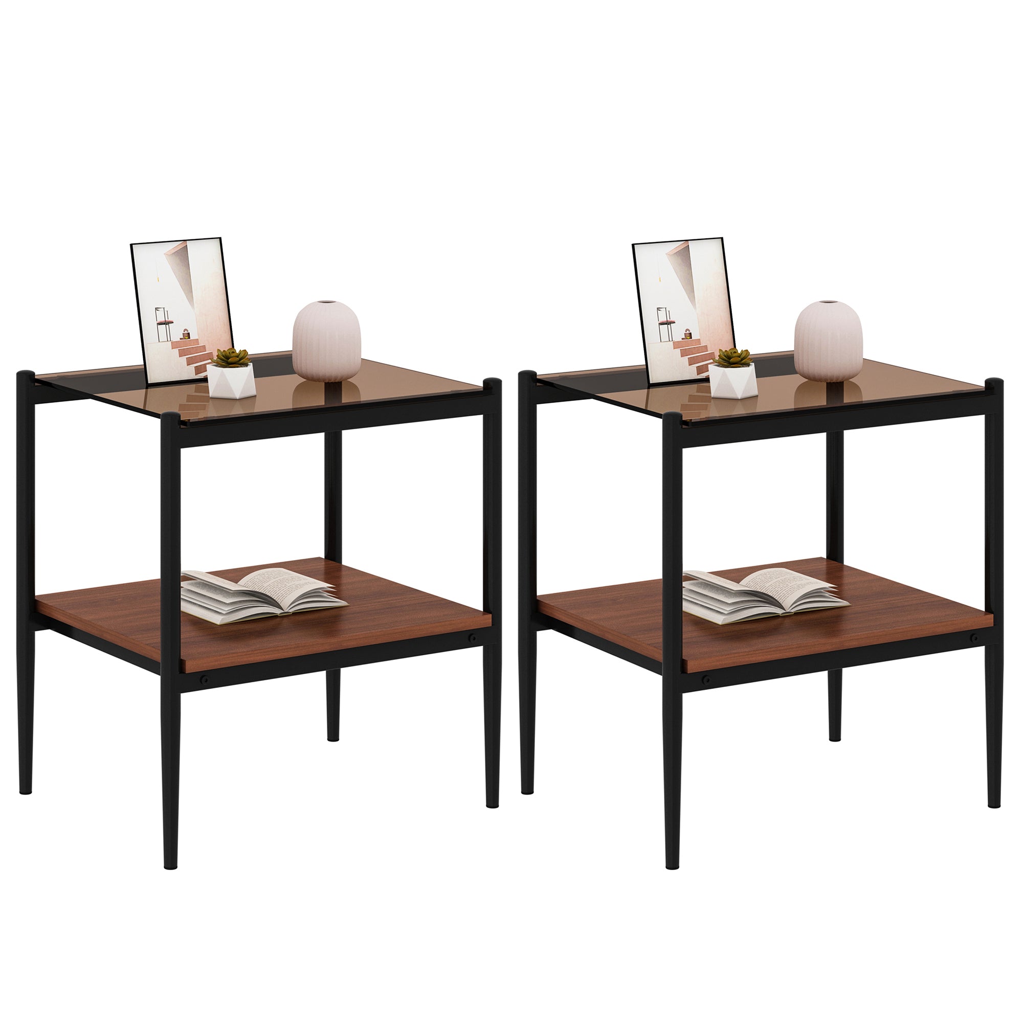 Pefelife Tempered Glass End Table Set of 2 with Wooden Storage Shelf