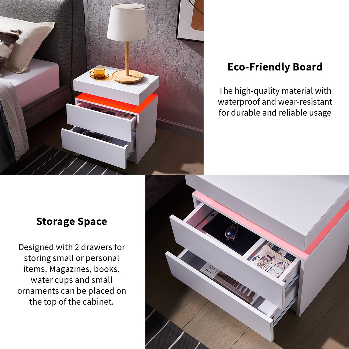 Pefelife Nightstand LED Bedside Table Cabinet Lights Modern