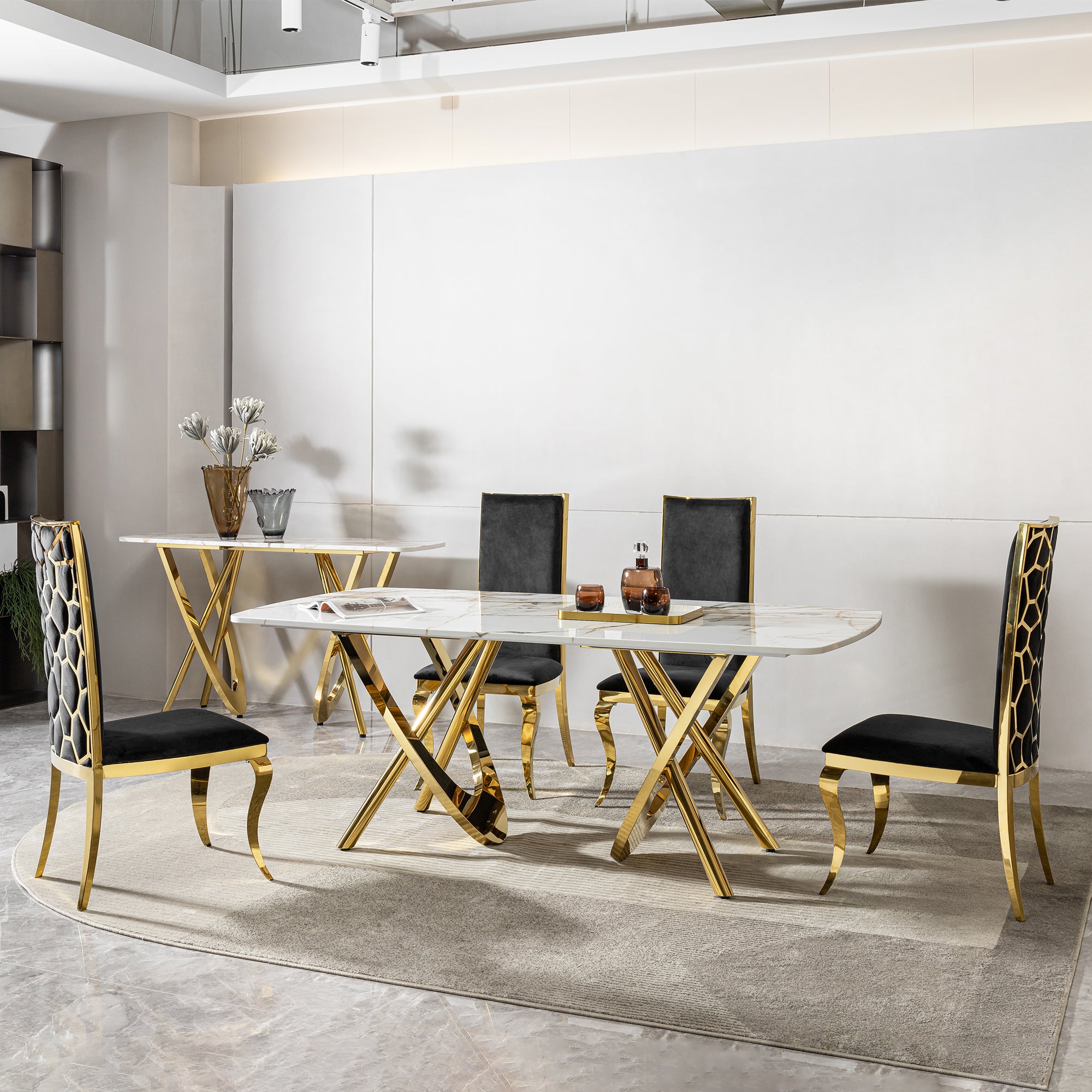 Pefelife Rectangular Marble Dining Table, 6-8 Seater, Gold Stainless Steel Legs