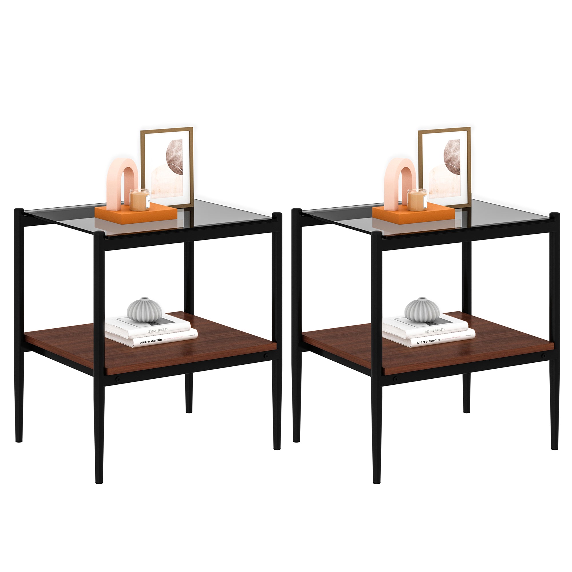 Pefelife Tempered Glass End Table Set of 2 with Wooden Storage Shelf