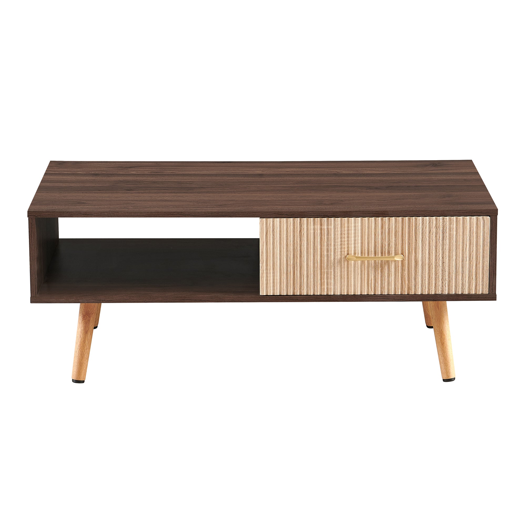 Pefelife Coffee Table with Storage and Sliding Rattan Door Panel, Walnut Tabletop
