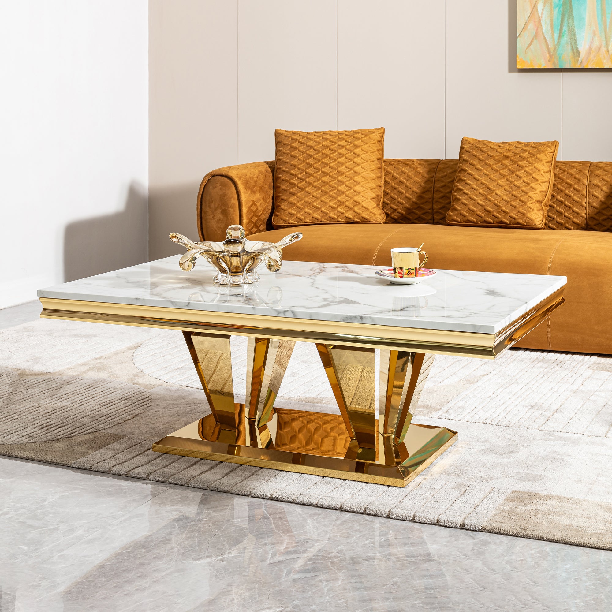 Pefelife Coffee Table, Stainless Steel Base with Gold Mirror Finish Leg