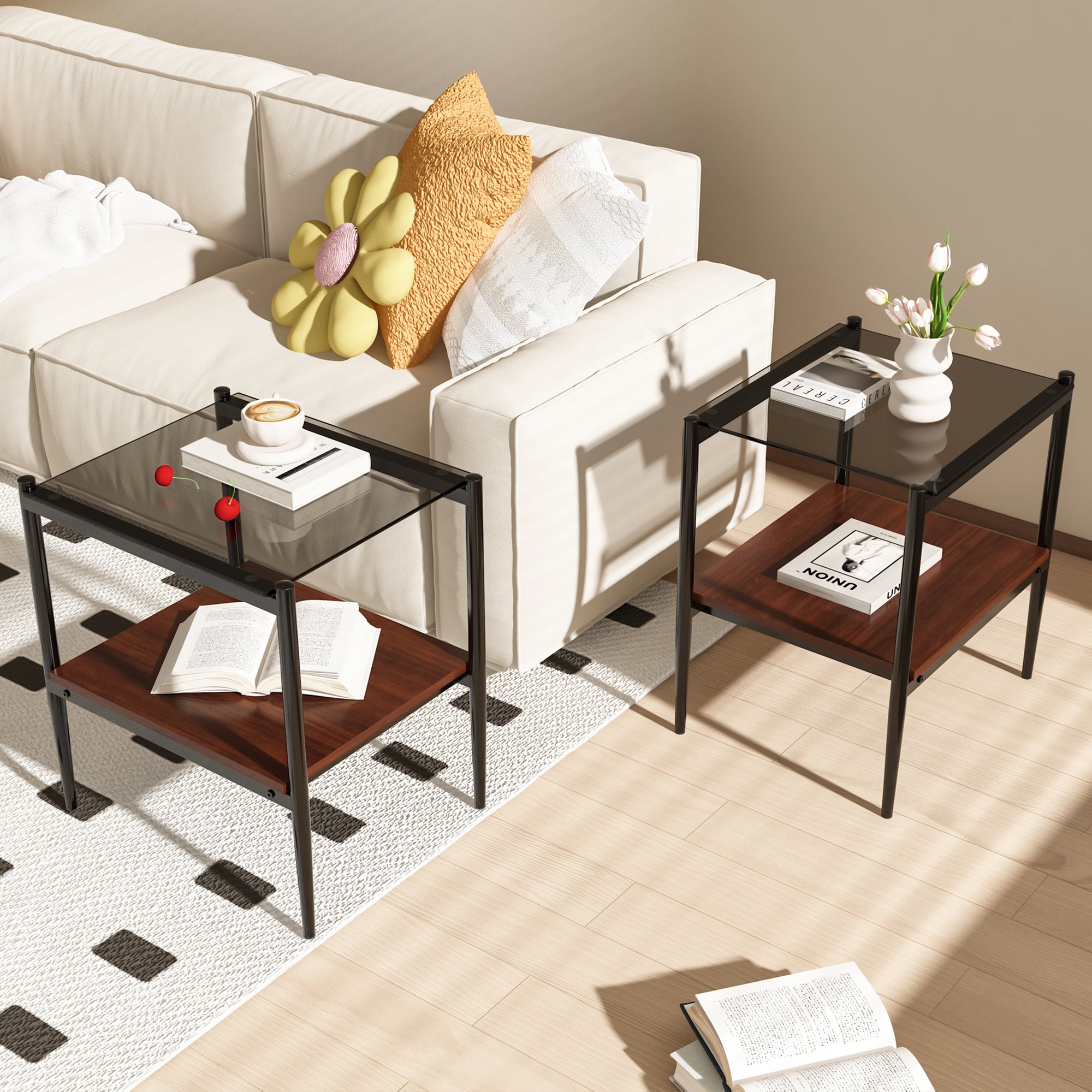 Pefelife Tempered Glass End Table Set of 2 with Wooden Storage Shelf