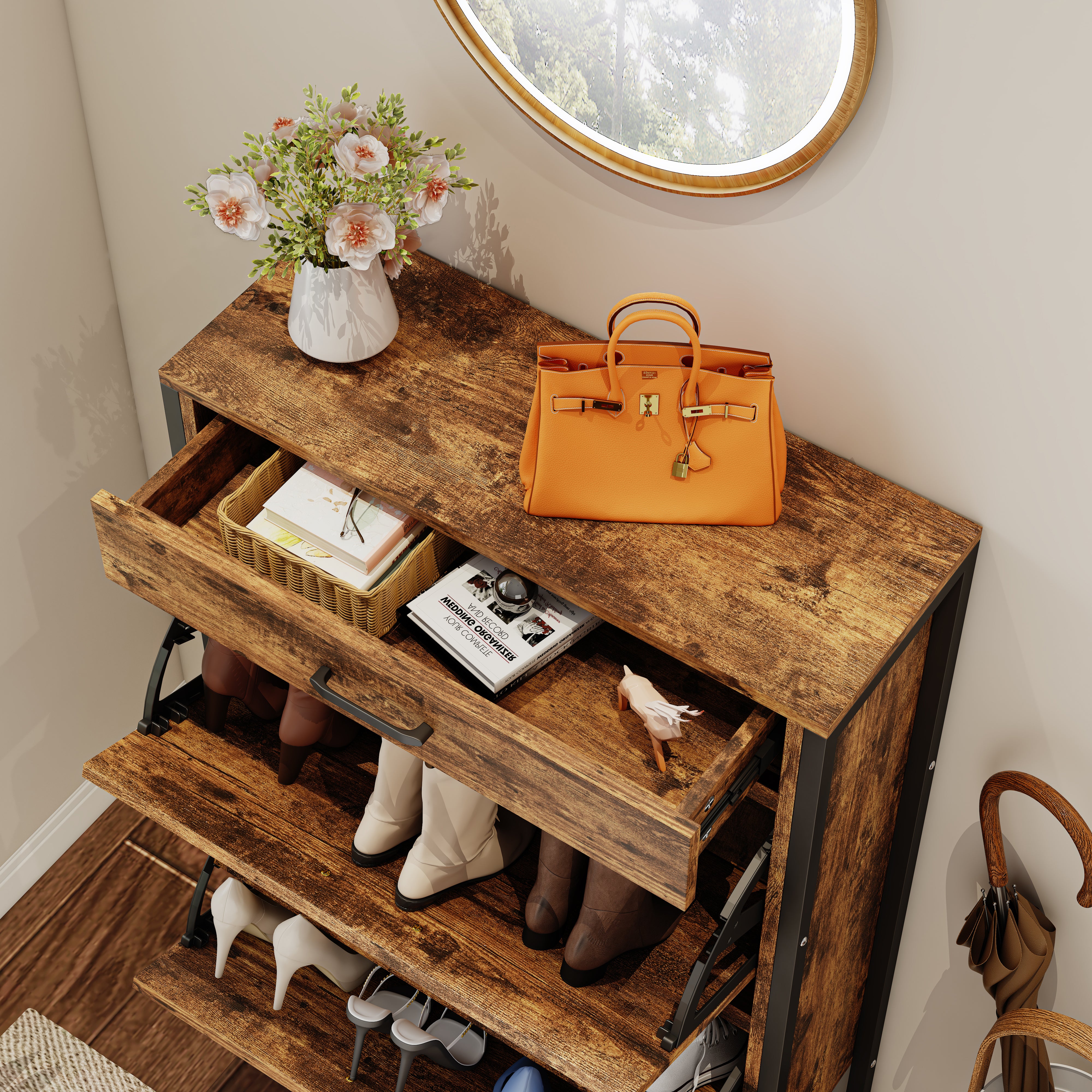 Pefelife Freestanding Shoe Storage Cabinet, 2 Flip Drawers & Top Drawer for Entryway