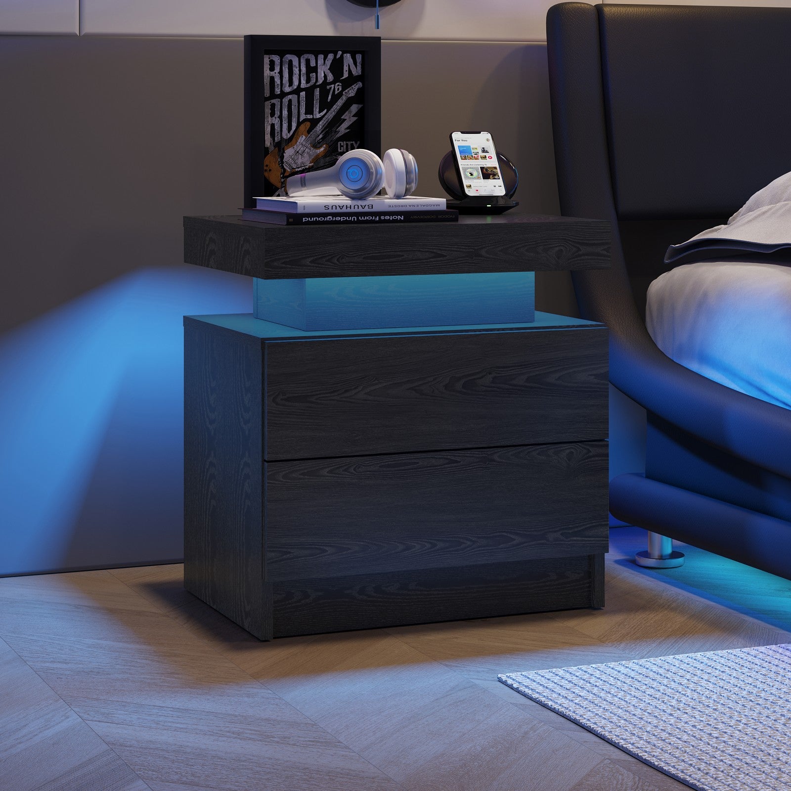 Pefelife Nightstand LED Bedside Table Cabinet Lights Modern