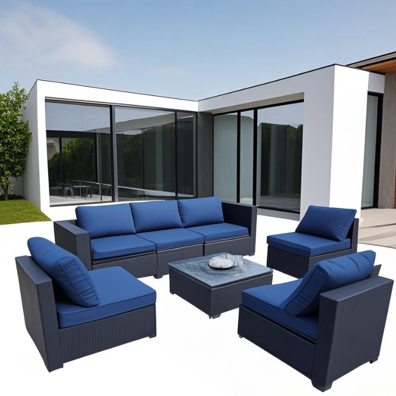 Pefelife 7PCS Patio Rattan Furniture Set Sofa Coffee Table Ottoman Navy