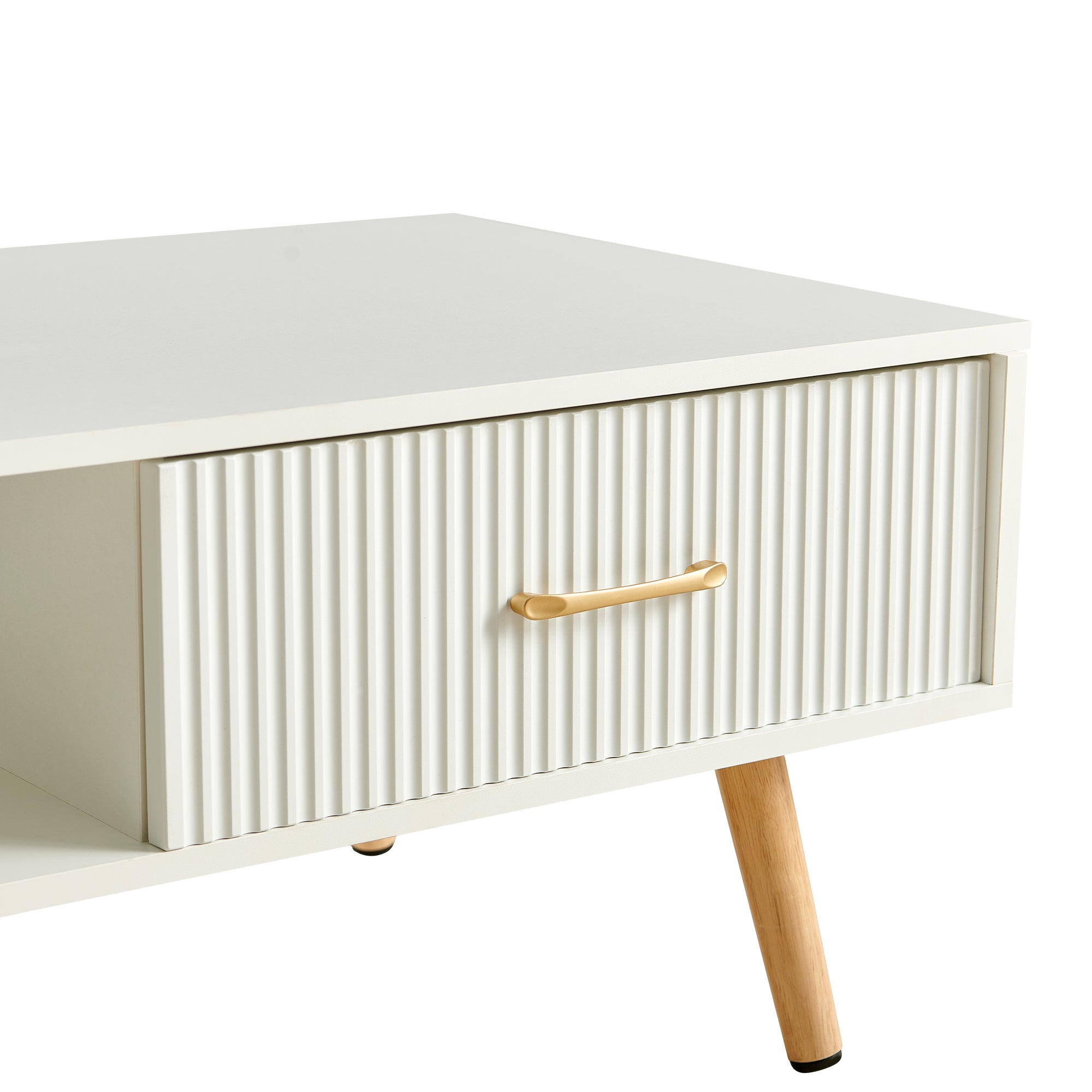 Pefelife Coffee Table with Storage and Sliding Rattan Door Panel, White Tabletop