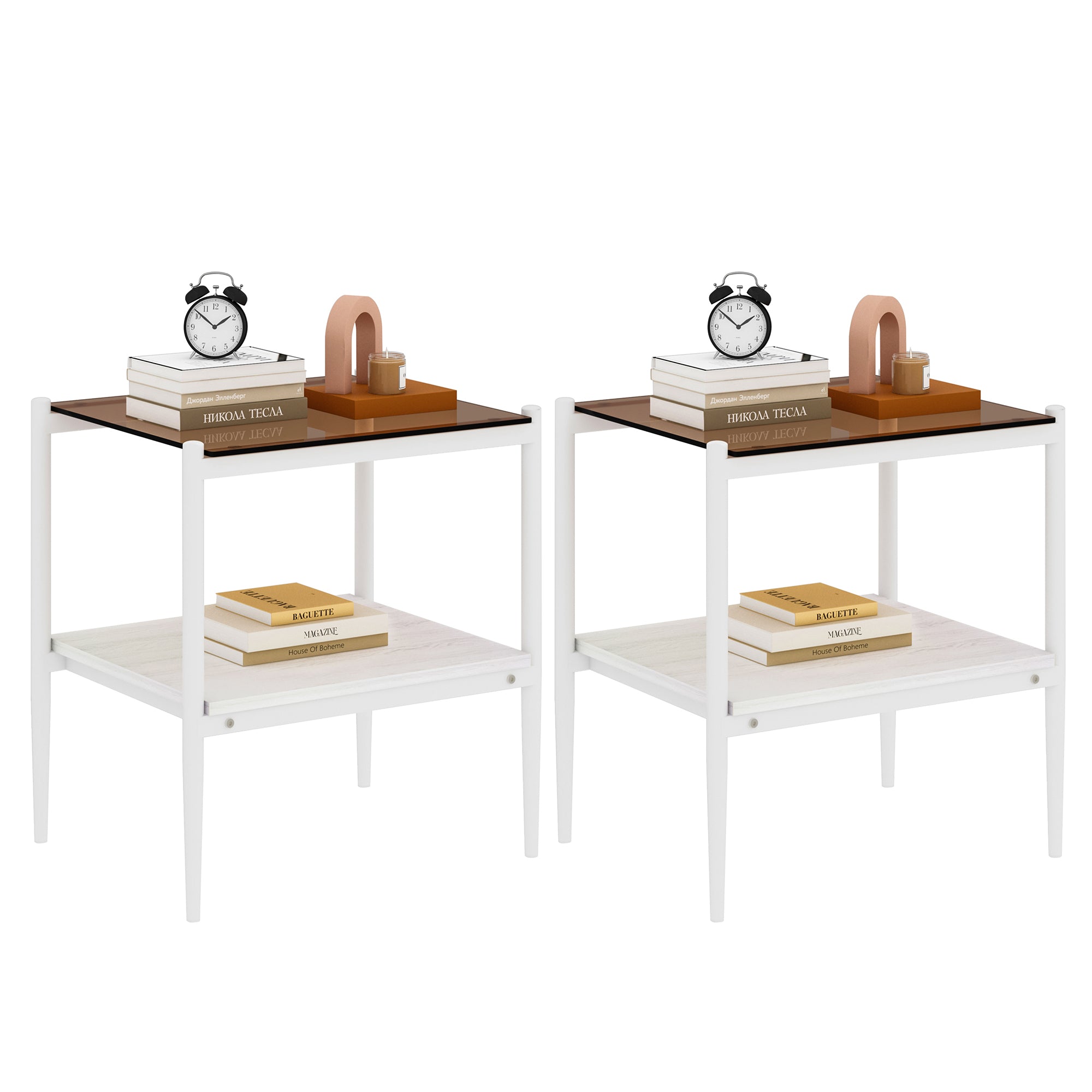 Pefelife Tempered Glass End Table Set of 2 with Wooden Storage Shelf