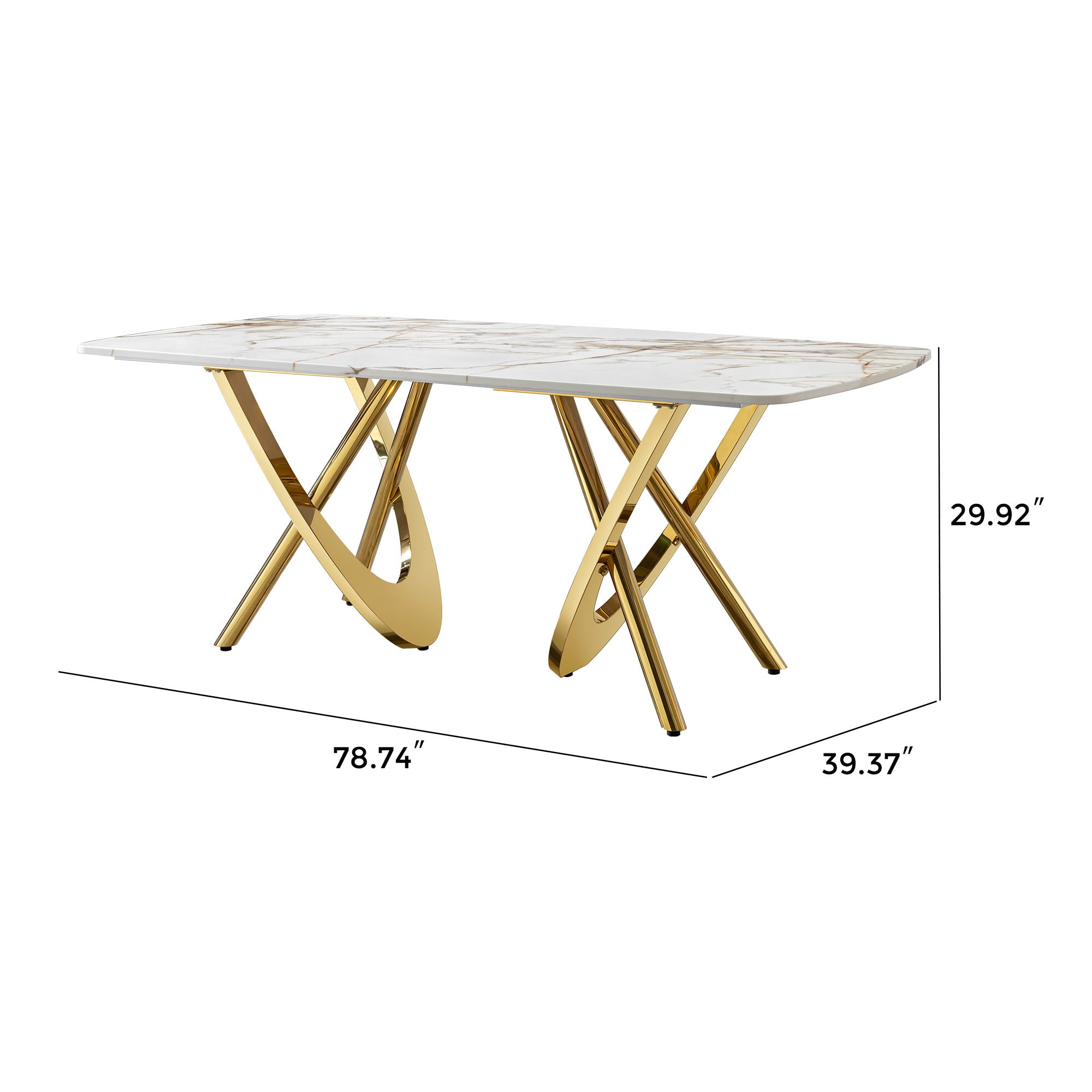 Pefelife Rectangular Marble Dining Table, 6-8 Seater, Gold Stainless Steel Legs
