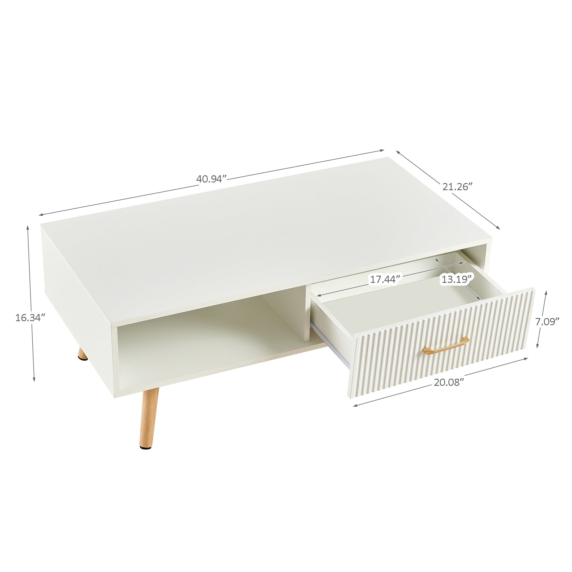 Pefelife Coffee Table with Storage and Sliding Rattan Door Panel, White Tabletop
