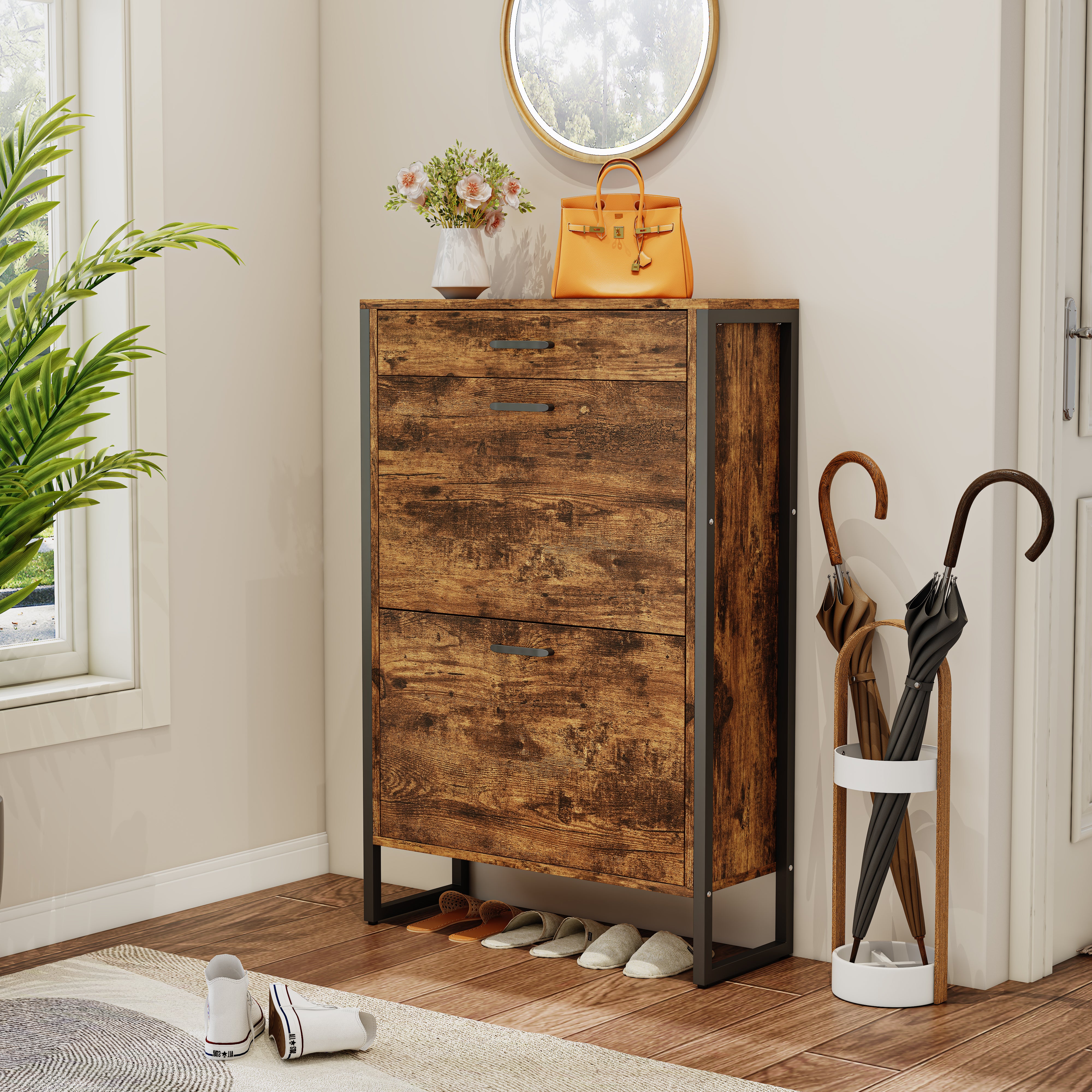 Pefelife Freestanding Shoe Storage Cabinet, 2 Flip Drawers & Top Drawer for Entryway