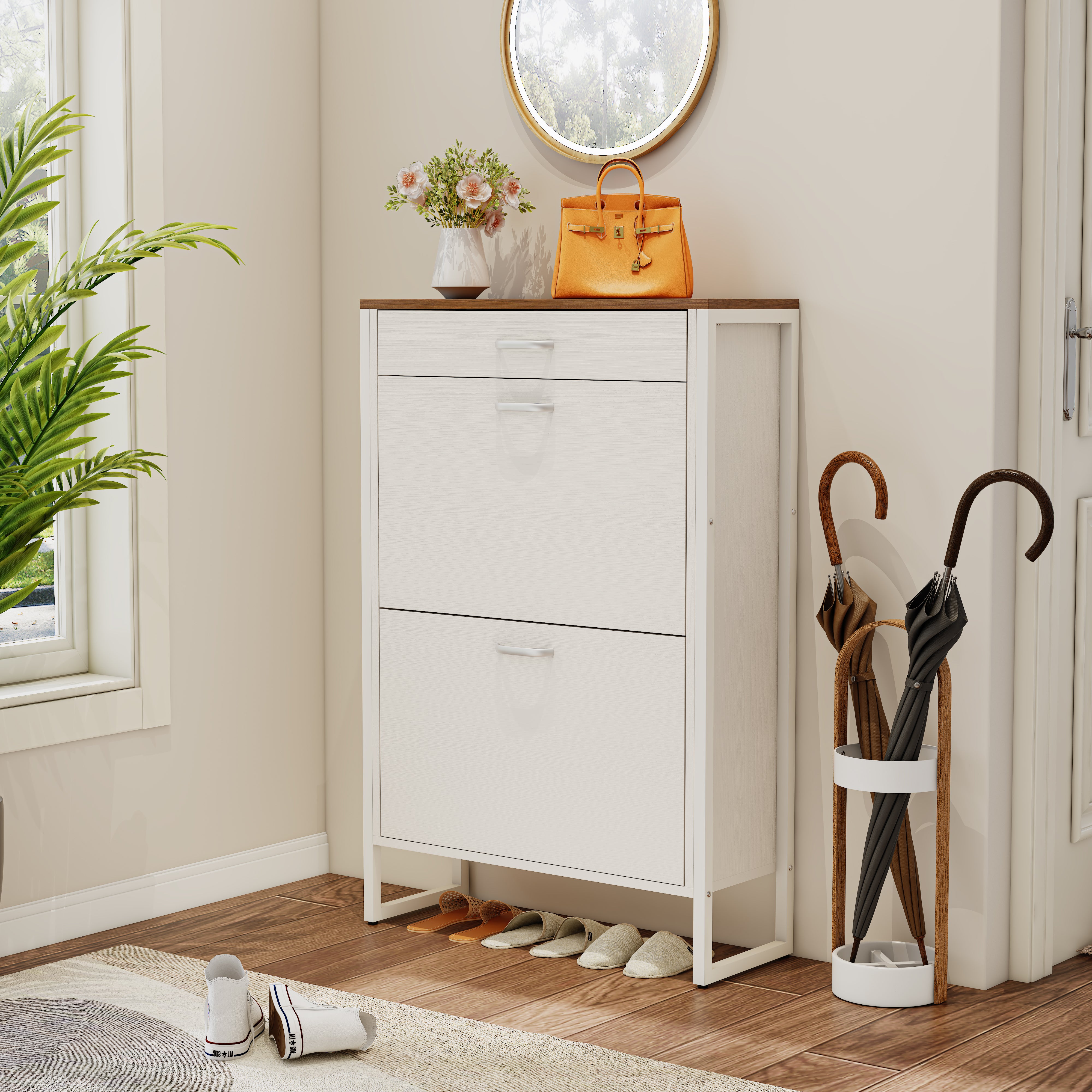 Pefelife Freestanding Shoe Storage Cabinet, 2 Flip Drawers & Top Drawer for Entryway